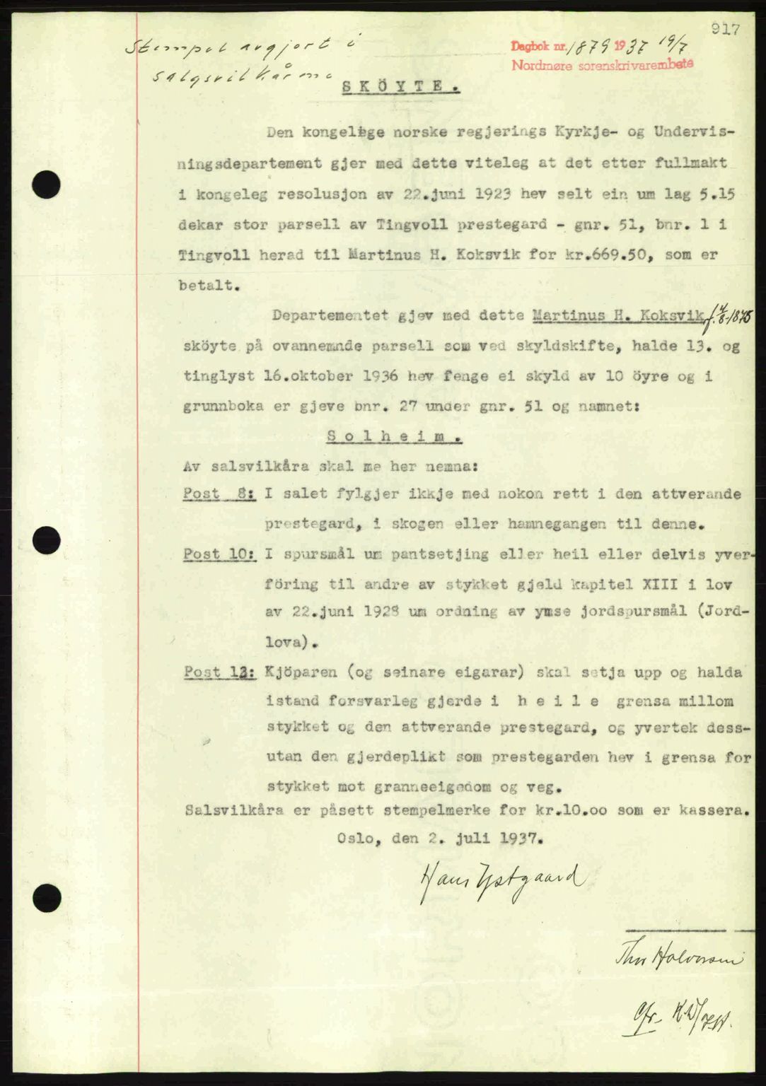 Nordmøre sorenskriveri, SAT/A-4132/1/2/2Ca: Pantebok nr. A81, 1937-1937, Dagboknr: 1879/1937