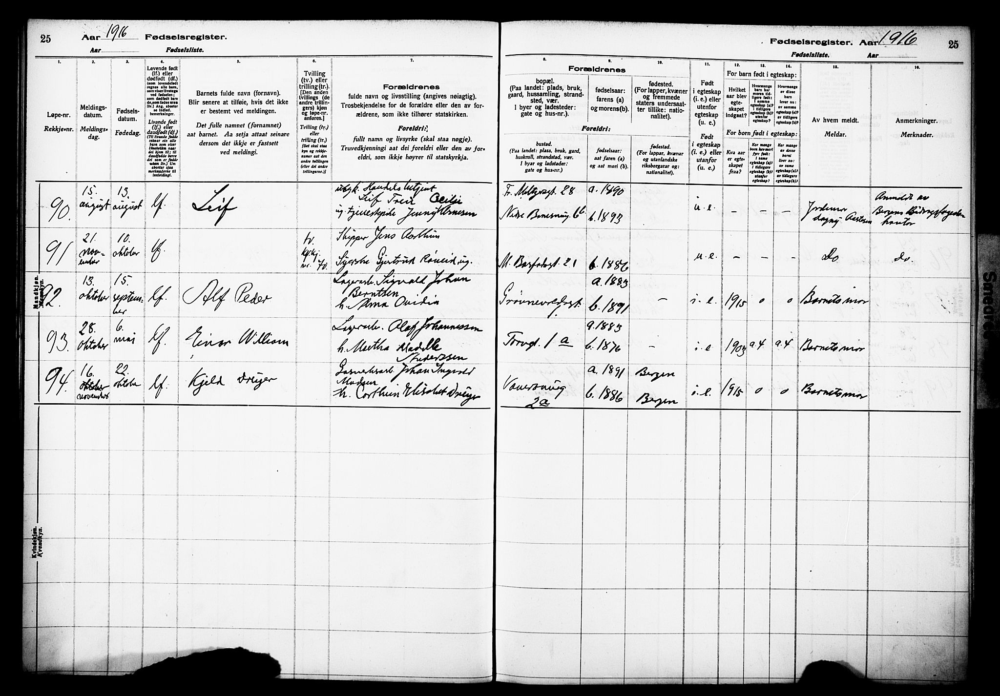 Domkirken sokneprestembete, AV/SAB-A-74801/I/Id/L00A1: Fødselsregister nr. A 1, 1916-1923, s. 25