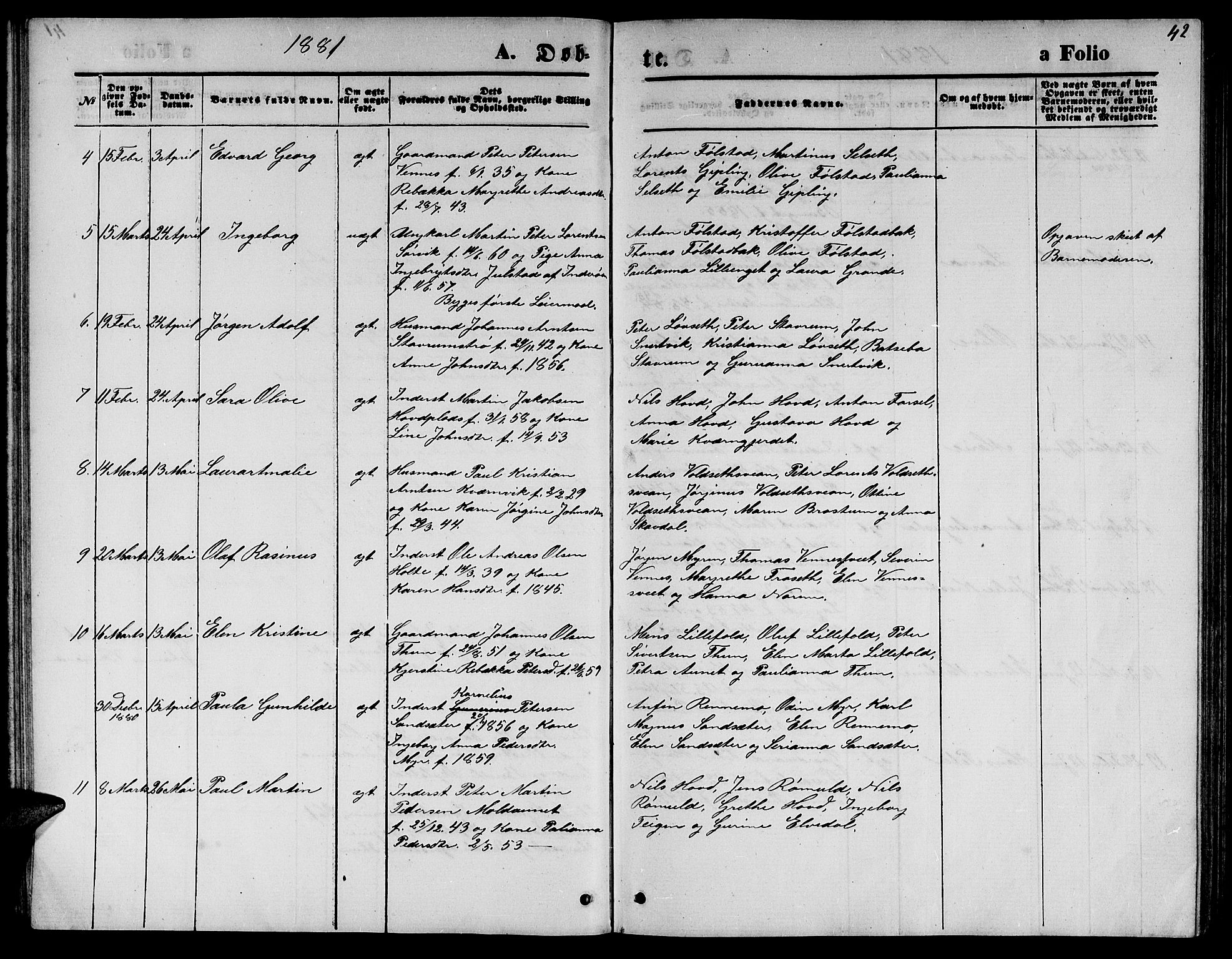 Ministerialprotokoller, klokkerbøker og fødselsregistre - Nord-Trøndelag, SAT/A-1458/744/L0422: Klokkerbok nr. 744C01, 1871-1885, s. 42