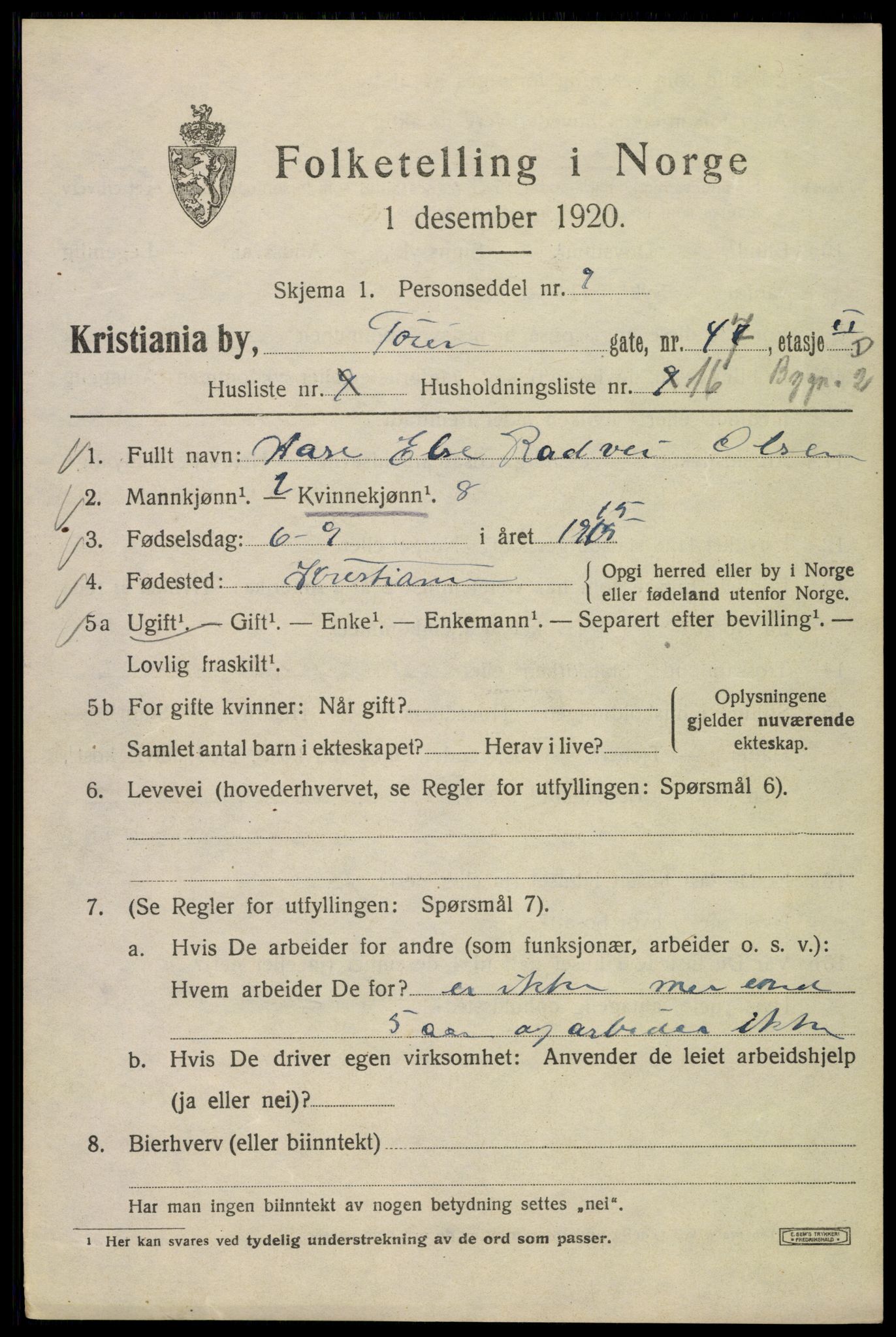 SAO, Folketelling 1920 for 0301 Kristiania kjøpstad, 1920, s. 609857