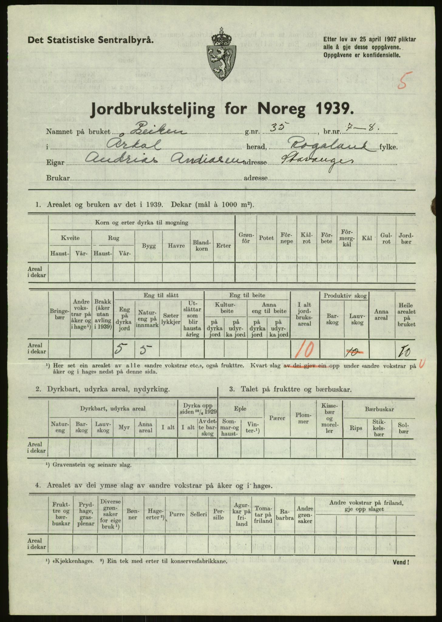 Statistisk sentralbyrå, Næringsøkonomiske emner, Jordbruk, skogbruk, jakt, fiske og fangst, AV/RA-S-2234/G/Gb/L0184: Rogaland: Årdal, Fister og Hjelmeland, 1939, s. 479