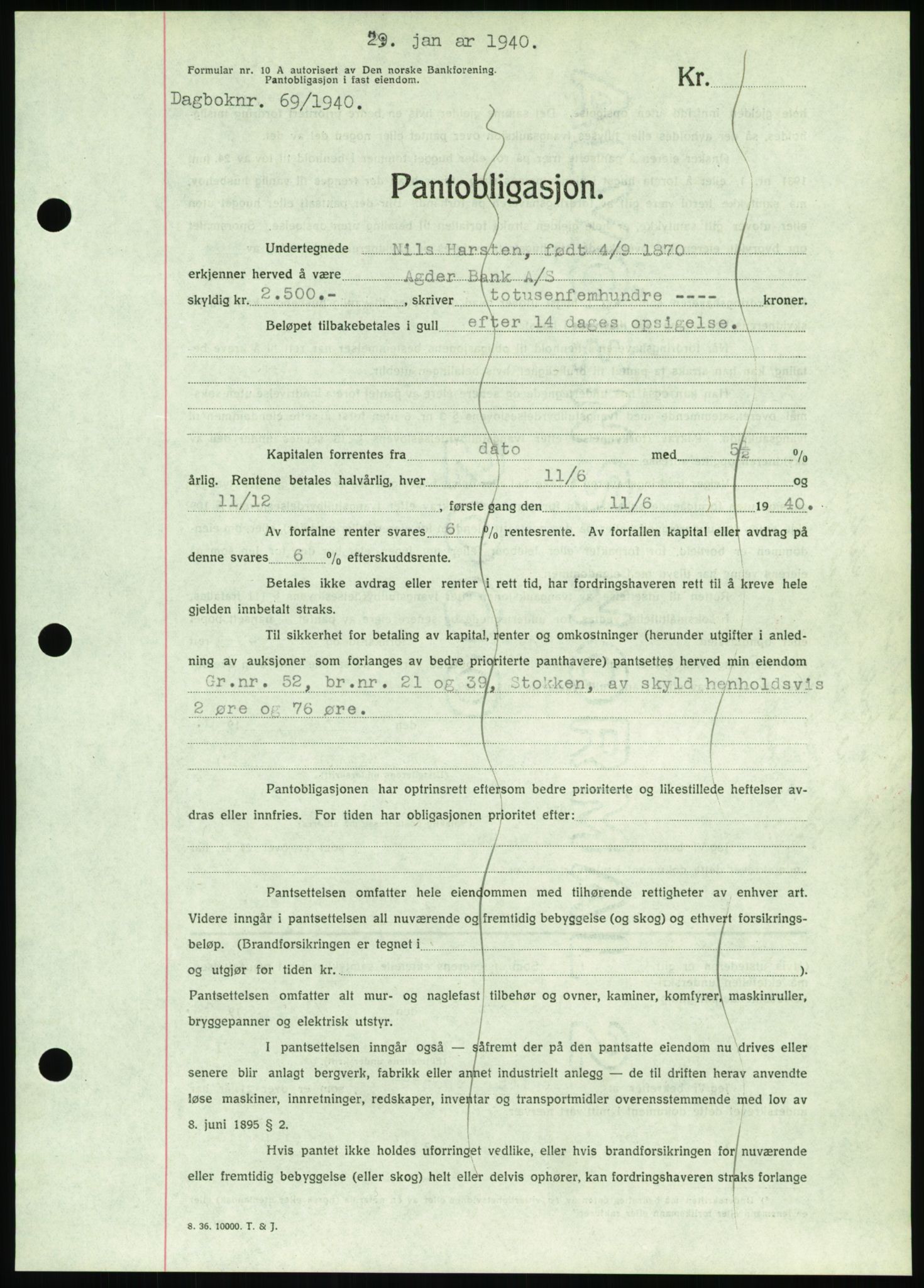 Nedenes sorenskriveri, SAK/1221-0006/G/Gb/Gbb/L0001: Pantebok nr. I, 1939-1942, Dagboknr: 69/1940