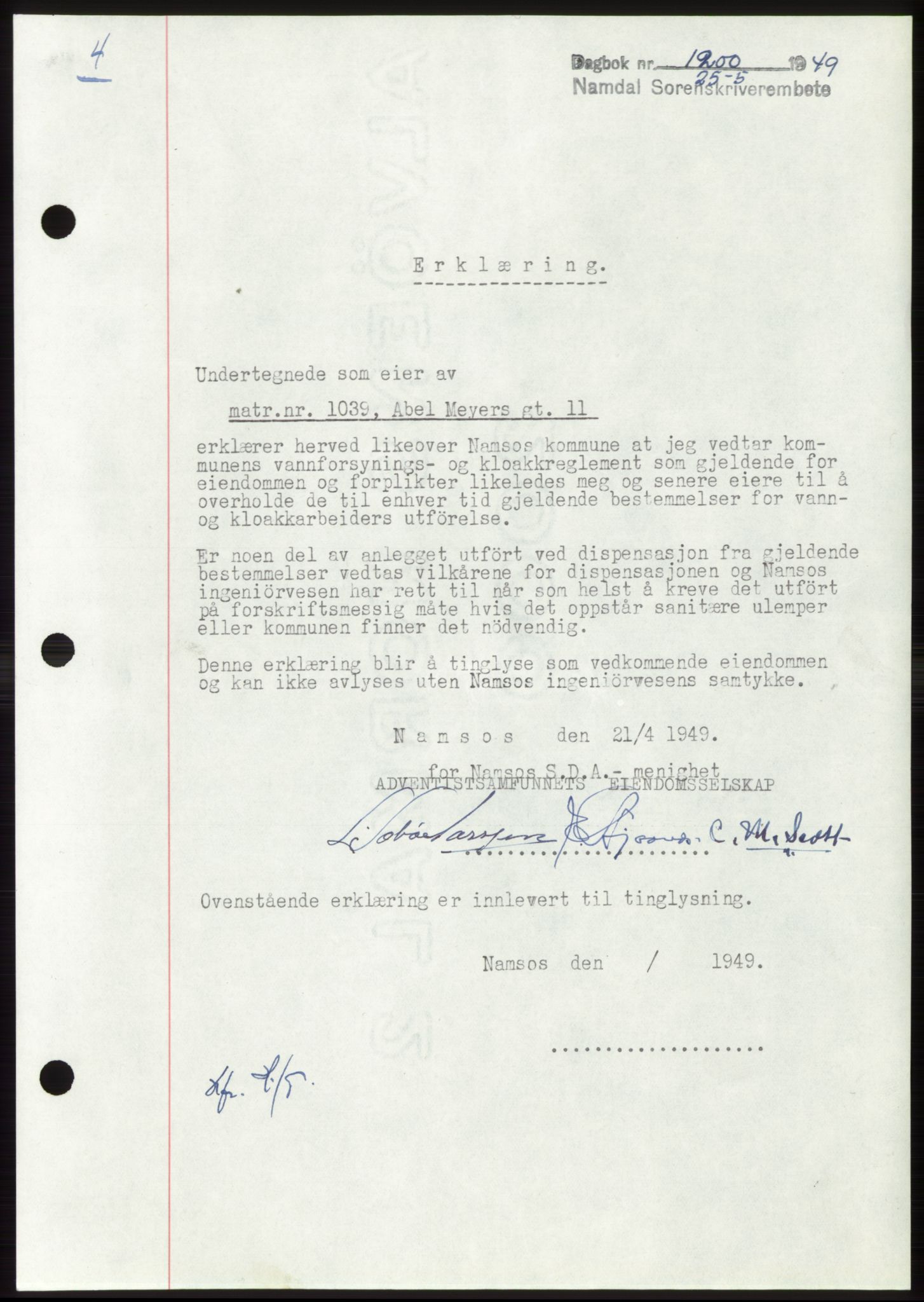 Namdal sorenskriveri, SAT/A-4133/1/2/2C: Pantebok nr. -, 1949-1949, Dagboknr: 1200/1949