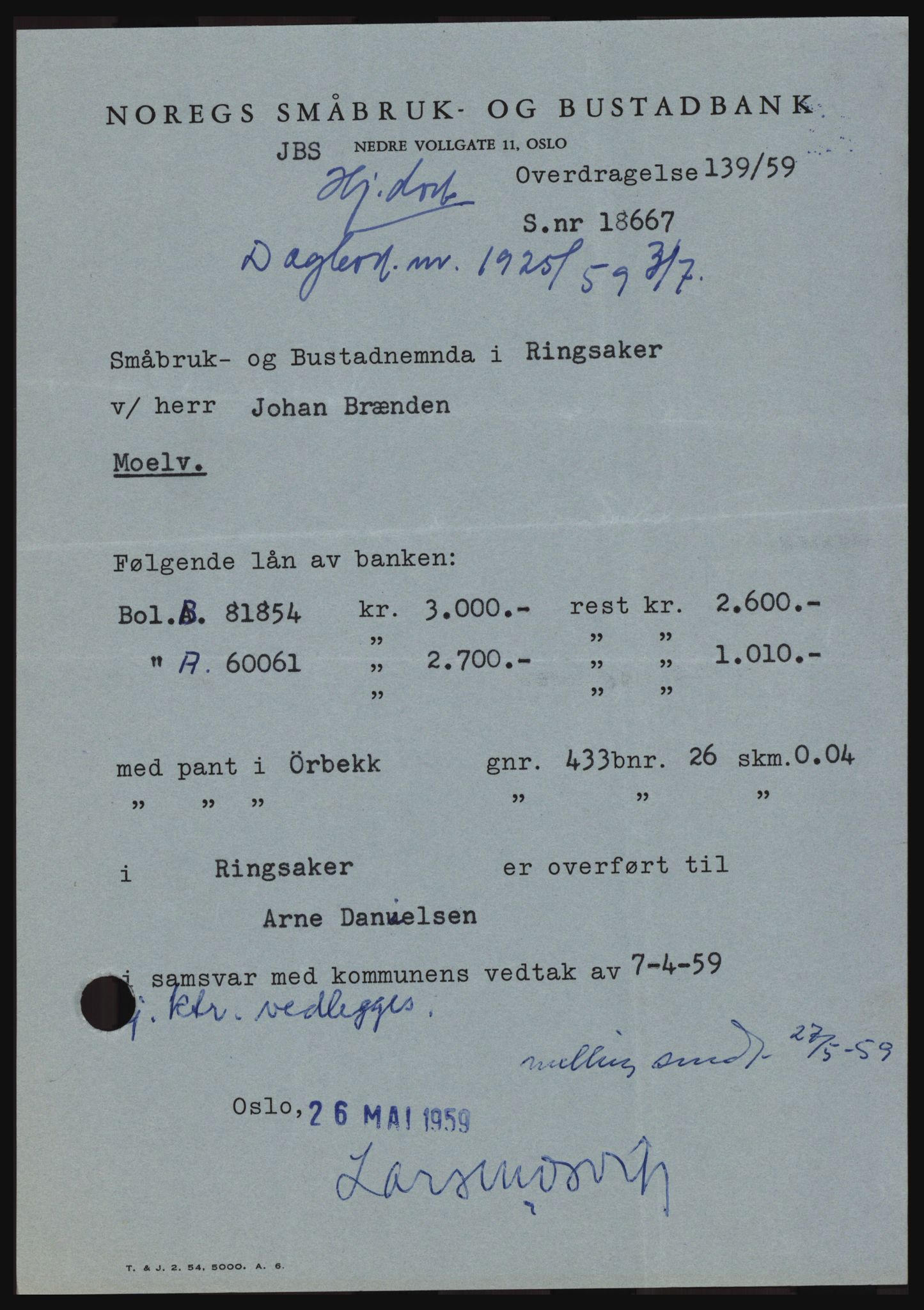 Nord-Hedmark sorenskriveri, SAH/TING-012/H/Hc/L0013: Pantebok nr. 13, 1959-1960, Dagboknr: 1925/1959
