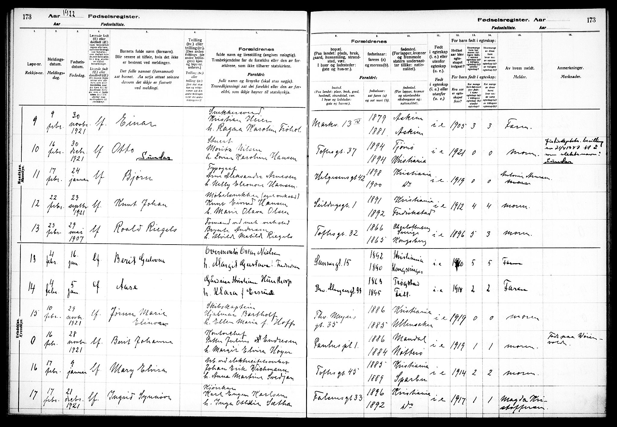 Paulus prestekontor Kirkebøker, AV/SAO-A-10871/J/Ja/L0001: Fødselsregister nr. 1, 1916-1923, s. 173