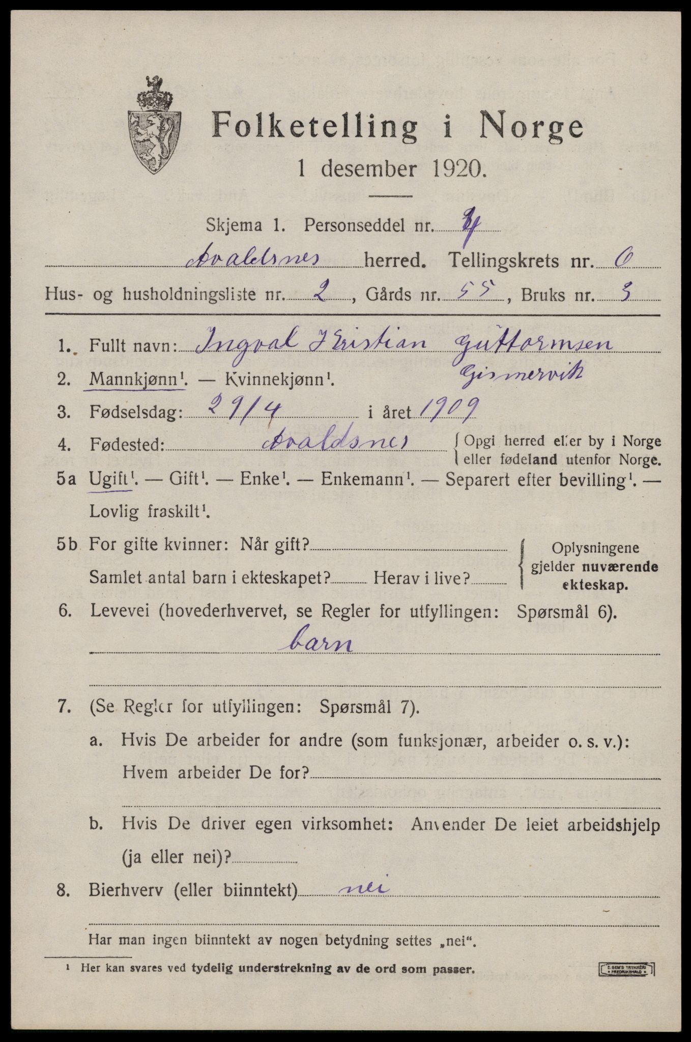 SAST, Folketelling 1920 for 1147 Avaldsnes herred, 1920, s. 5685