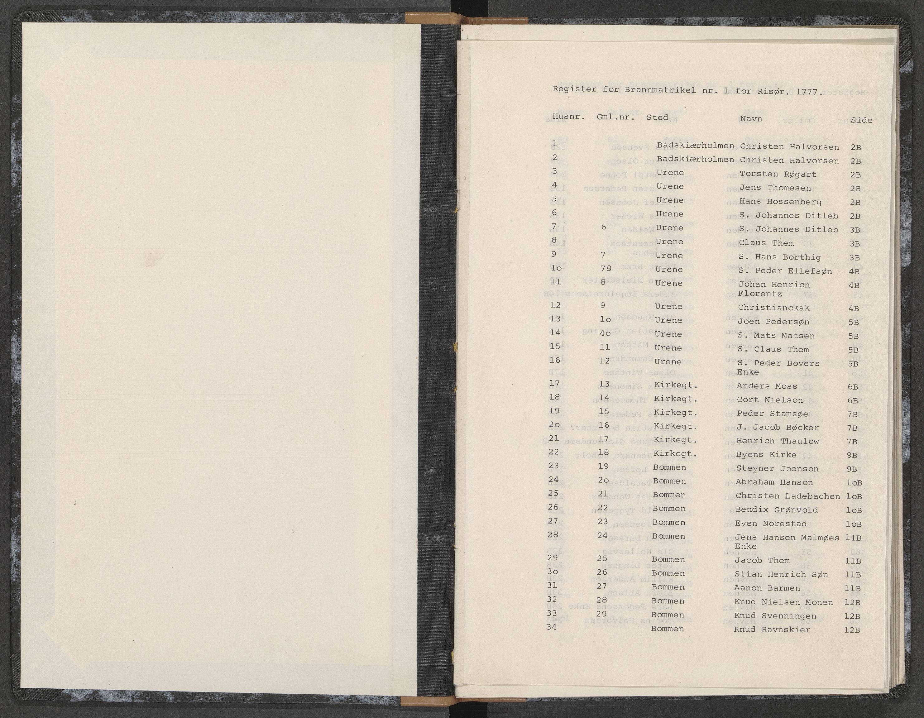 Norges Brannkasse Risør, AV/SAK-2241-0043/F/Fa/L0001: Brannmatrikkel nr. 1 med husnummerregister, 1777