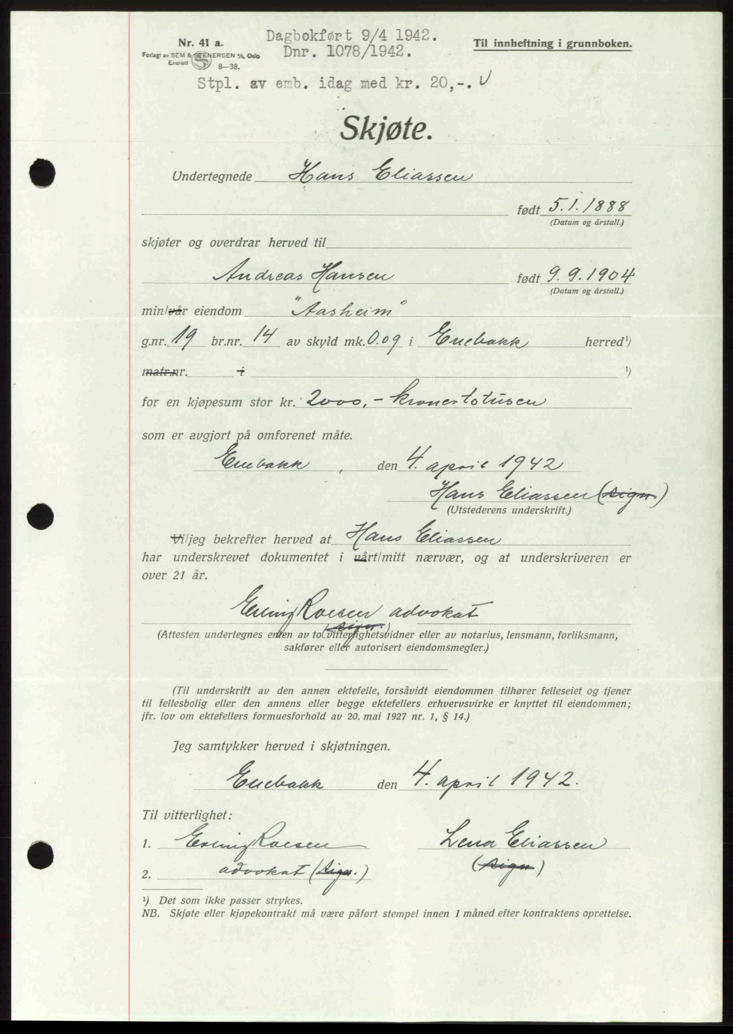 Nedre Romerike sorenskriveri, AV/SAO-A-10469/G/Gb/Gbd/L0007: Pantebok nr. 7, 1941-1942, Dagboknr: 1078/1942