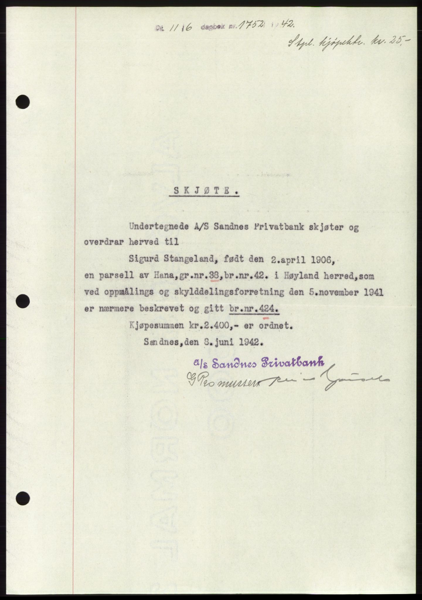 Jæren sorenskriveri, SAST/A-100310/03/G/Gba/L0082: Pantebok, 1942-1942, Dagboknr: 1752/1942