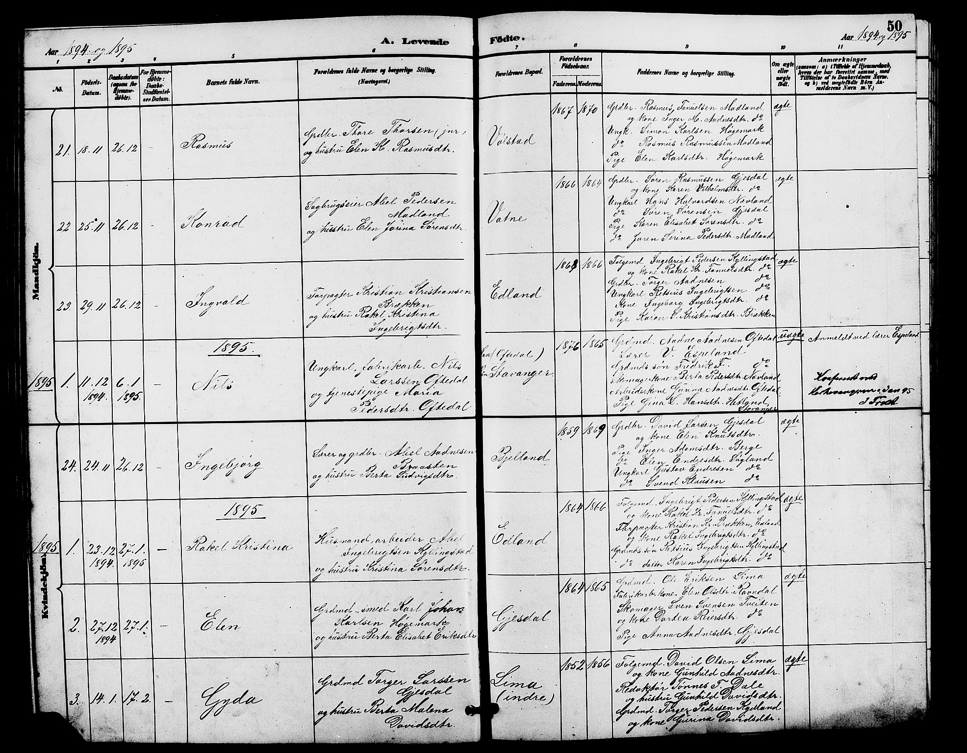 Lye sokneprestkontor, AV/SAST-A-101794/001/30BB/L0008: Klokkerbok nr. B 7, 1887-1901, s. 50