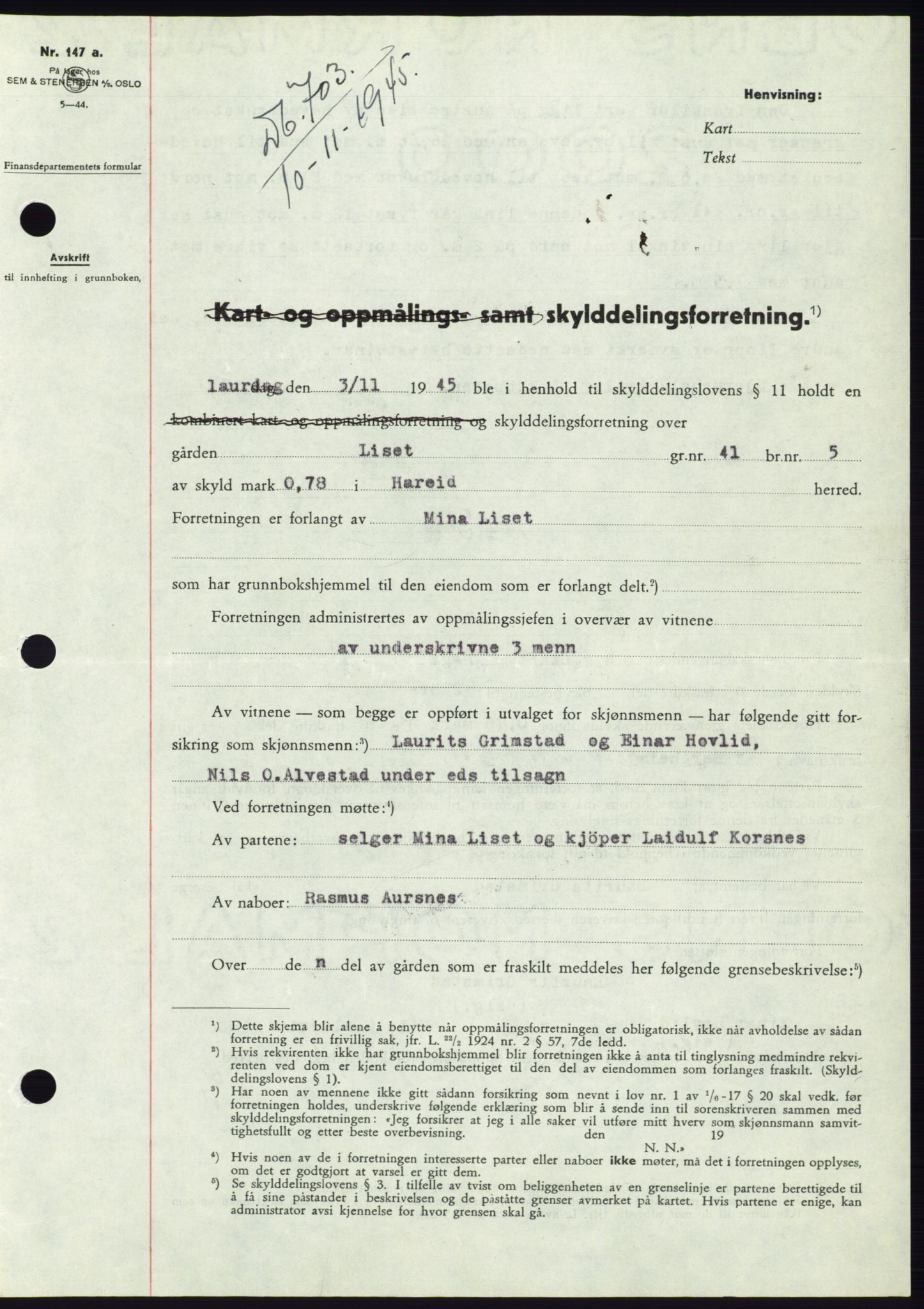 Søre Sunnmøre sorenskriveri, SAT/A-4122/1/2/2C/L0077: Pantebok nr. 3A, 1945-1946, Dagboknr: 703/1945