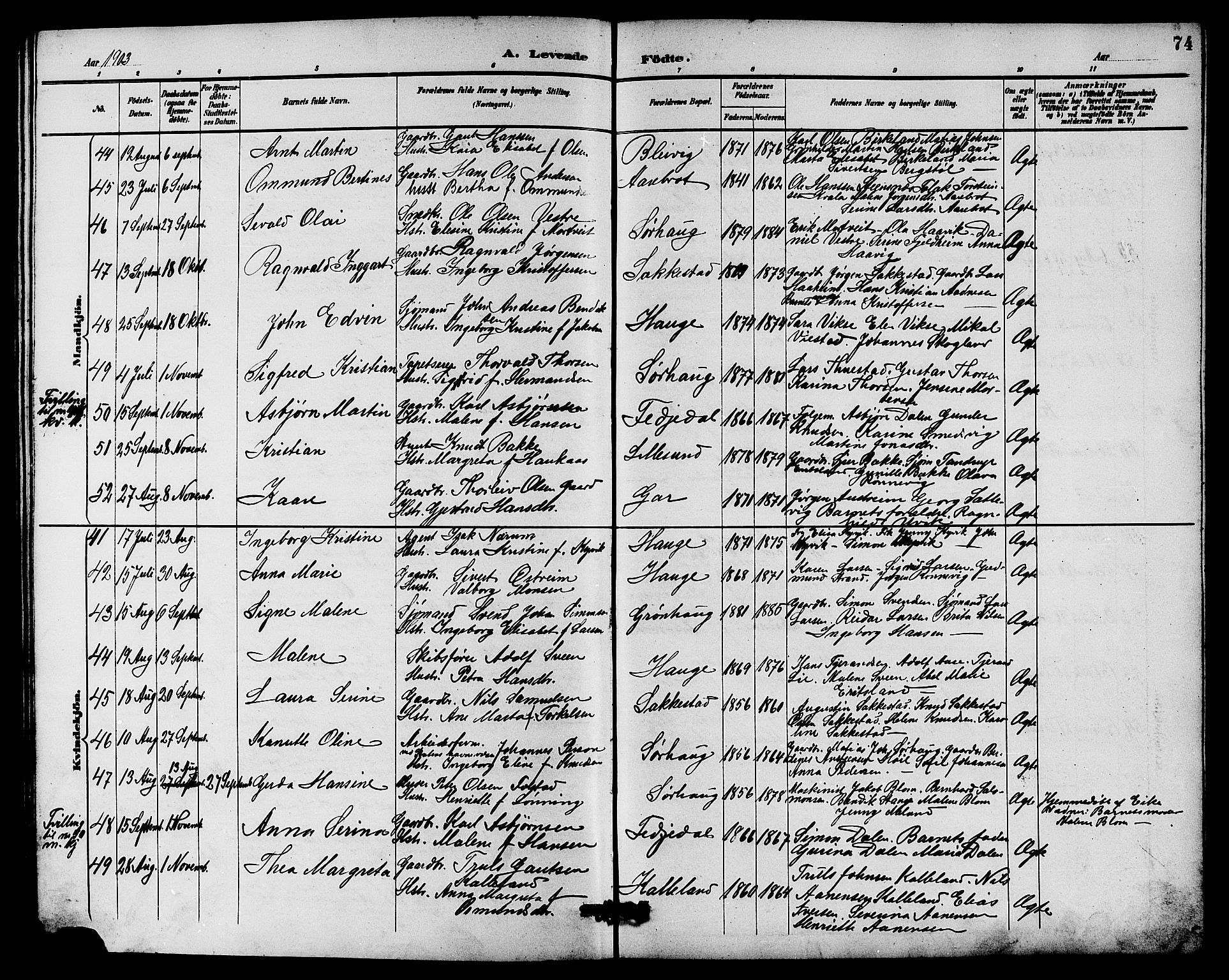Haugesund sokneprestkontor, AV/SAST-A -101863/H/Ha/Hab/L0004: Klokkerbok nr. B 4, 1889-1905, s. 74