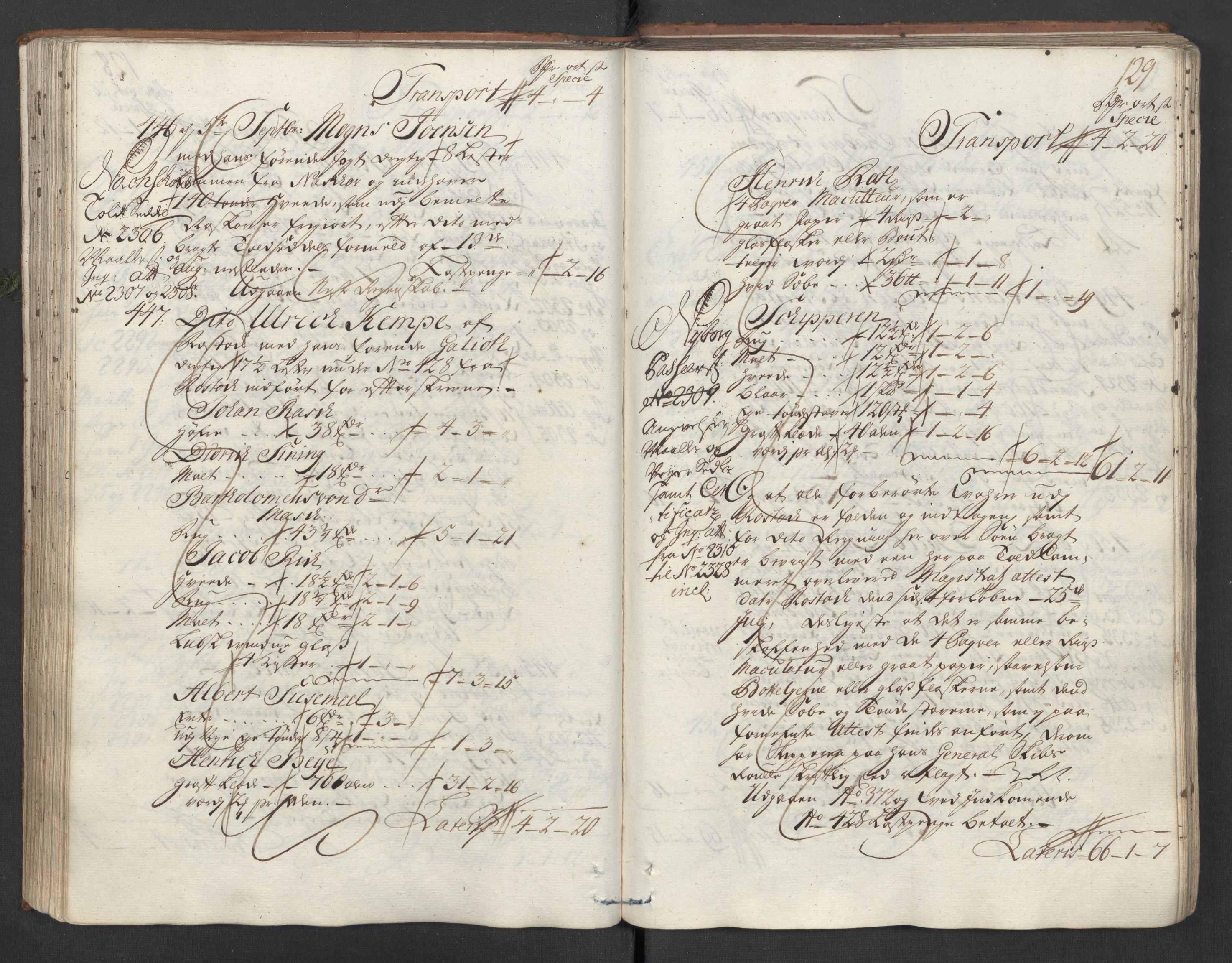 Generaltollkammeret, tollregnskaper, AV/RA-EA-5490/R26/L0016/0001: Tollregnskaper Bergen A / Inngående hovedtollbok, 1731, s. 128b-129a