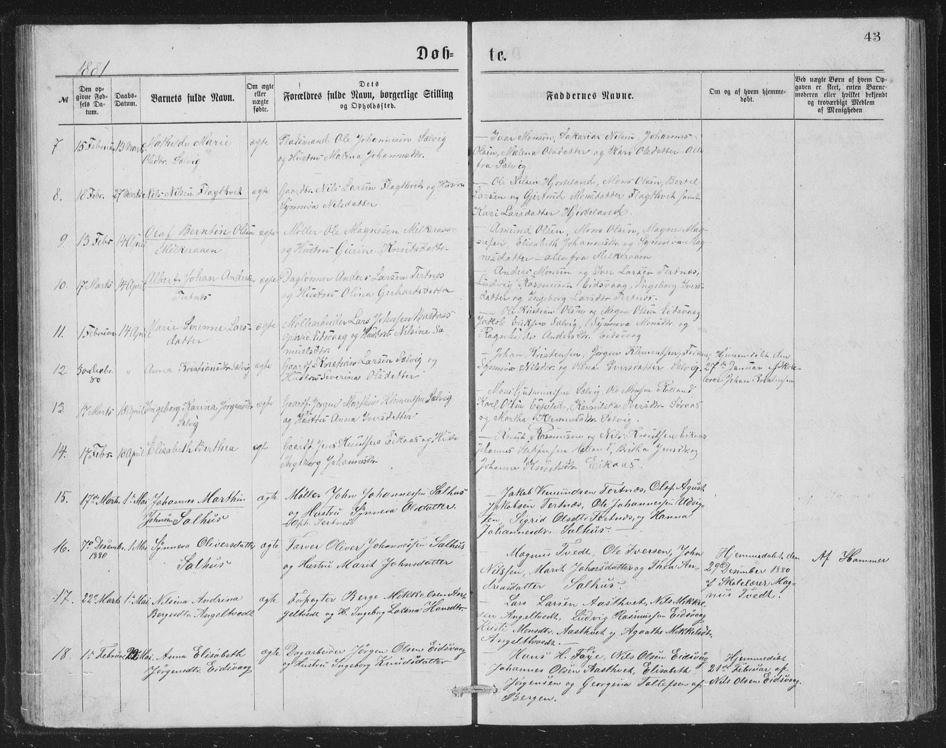 Åsane sokneprestembete, AV/SAB-A-79401/H/Hab: Klokkerbok nr. A 1, 1870-1884, s. 43
