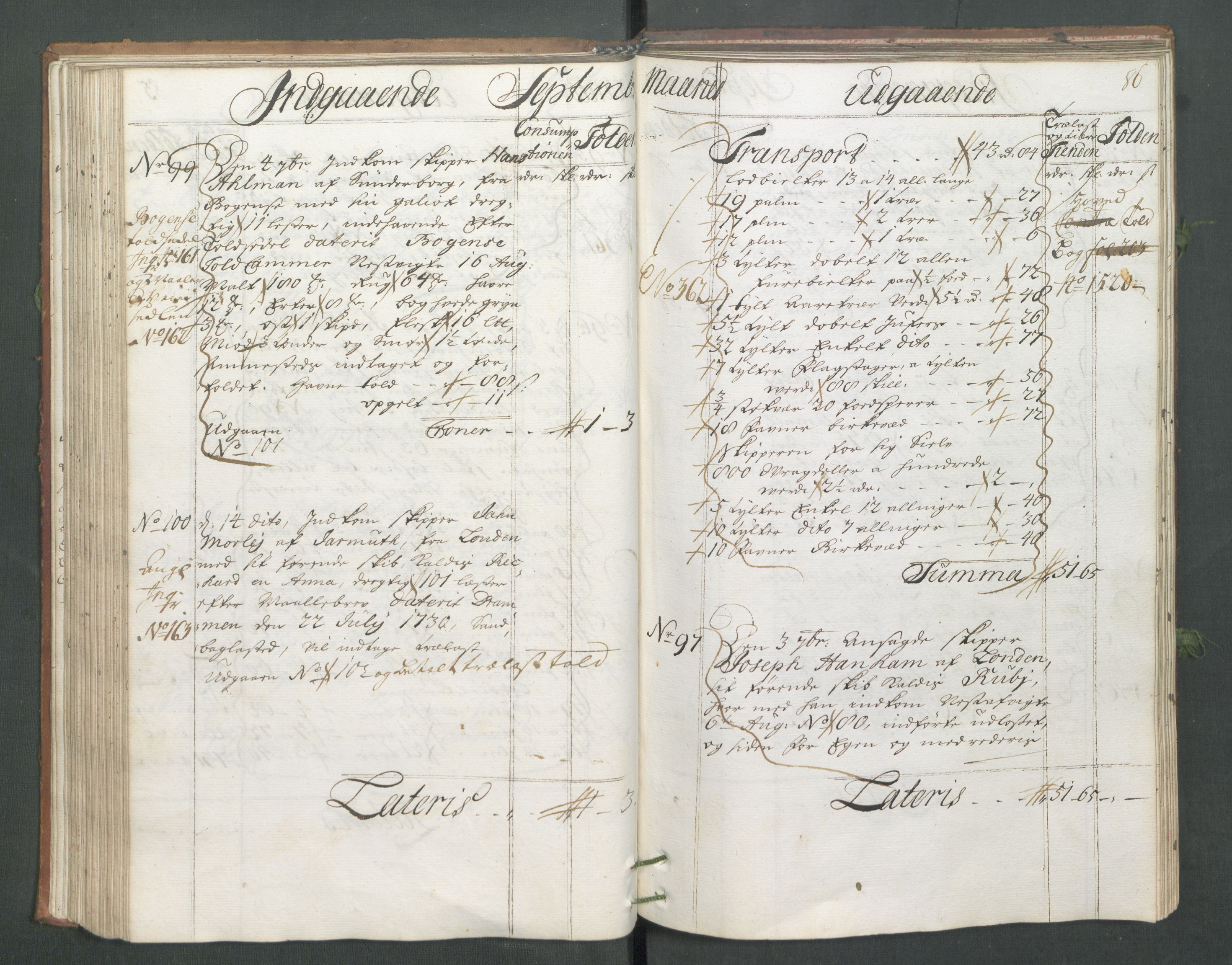 Generaltollkammeret, tollregnskaper, RA/EA-5490/R02/L0006/0001: Tollregnskaper Fredrikstad / Hovedtollbok, 1731, s. 86