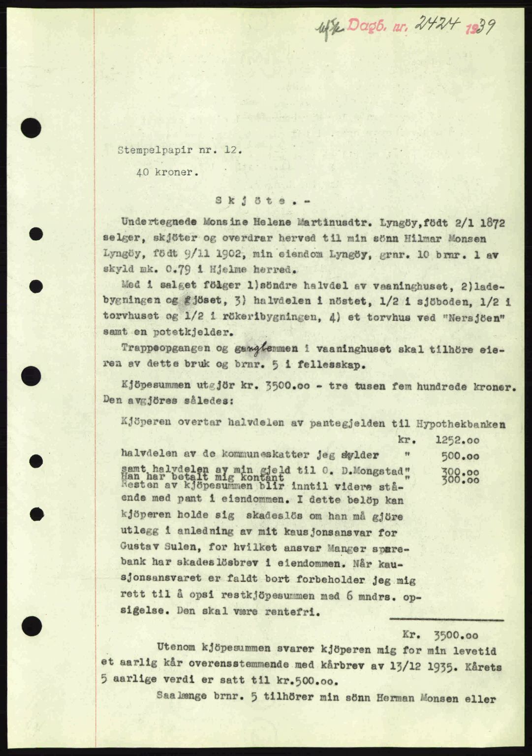 Nordhordland sorenskrivar, SAB/A-2901/1/G/Gb/Gbf/L0010: Pantebok nr. A10, 1939-1940, Dagboknr: 2424/1939