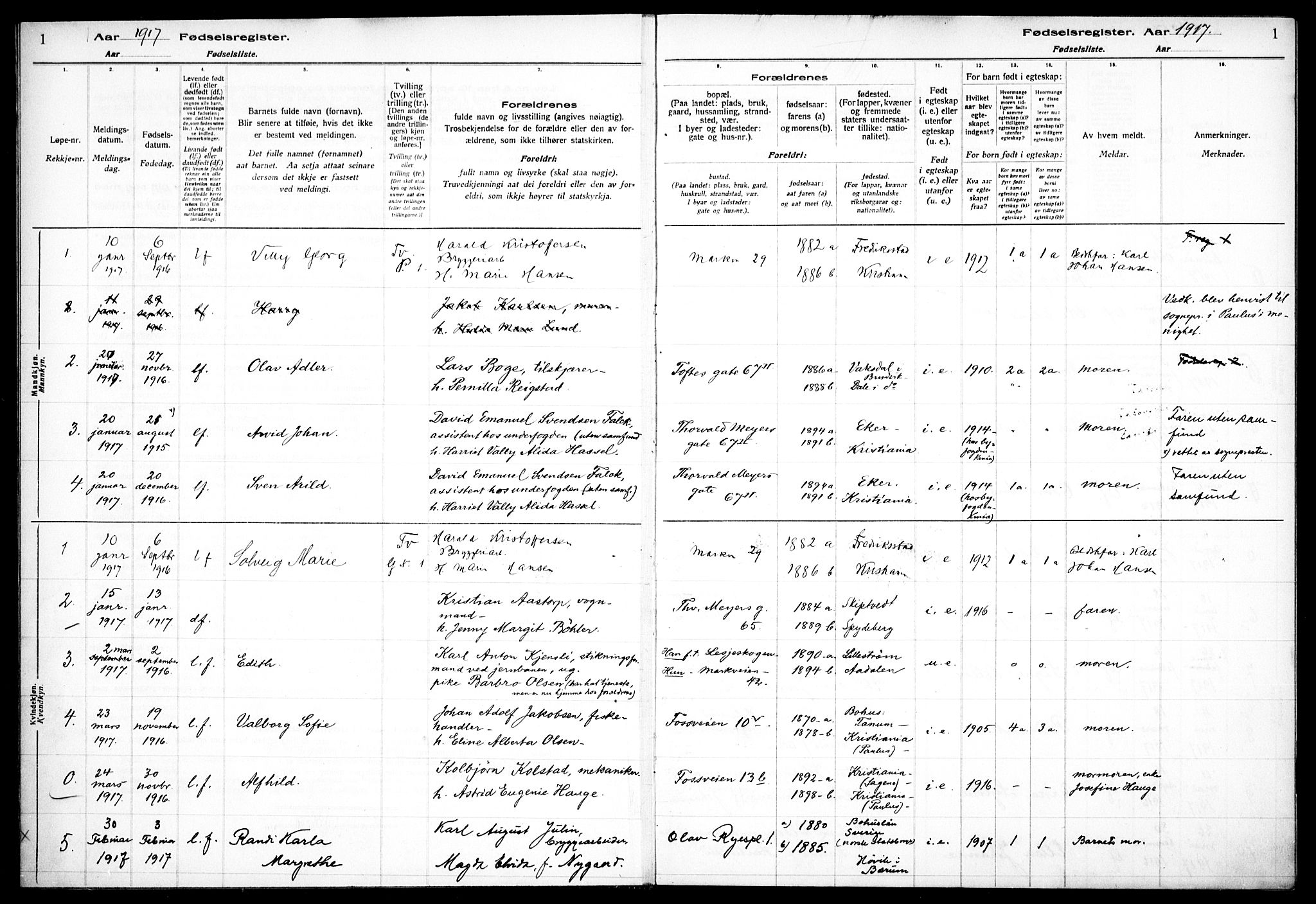 Hauge prestekontor Kirkebøker, SAO/A-10849/J/Ja/L0001: Fødselsregister nr. 1, 1917-1938, s. 1