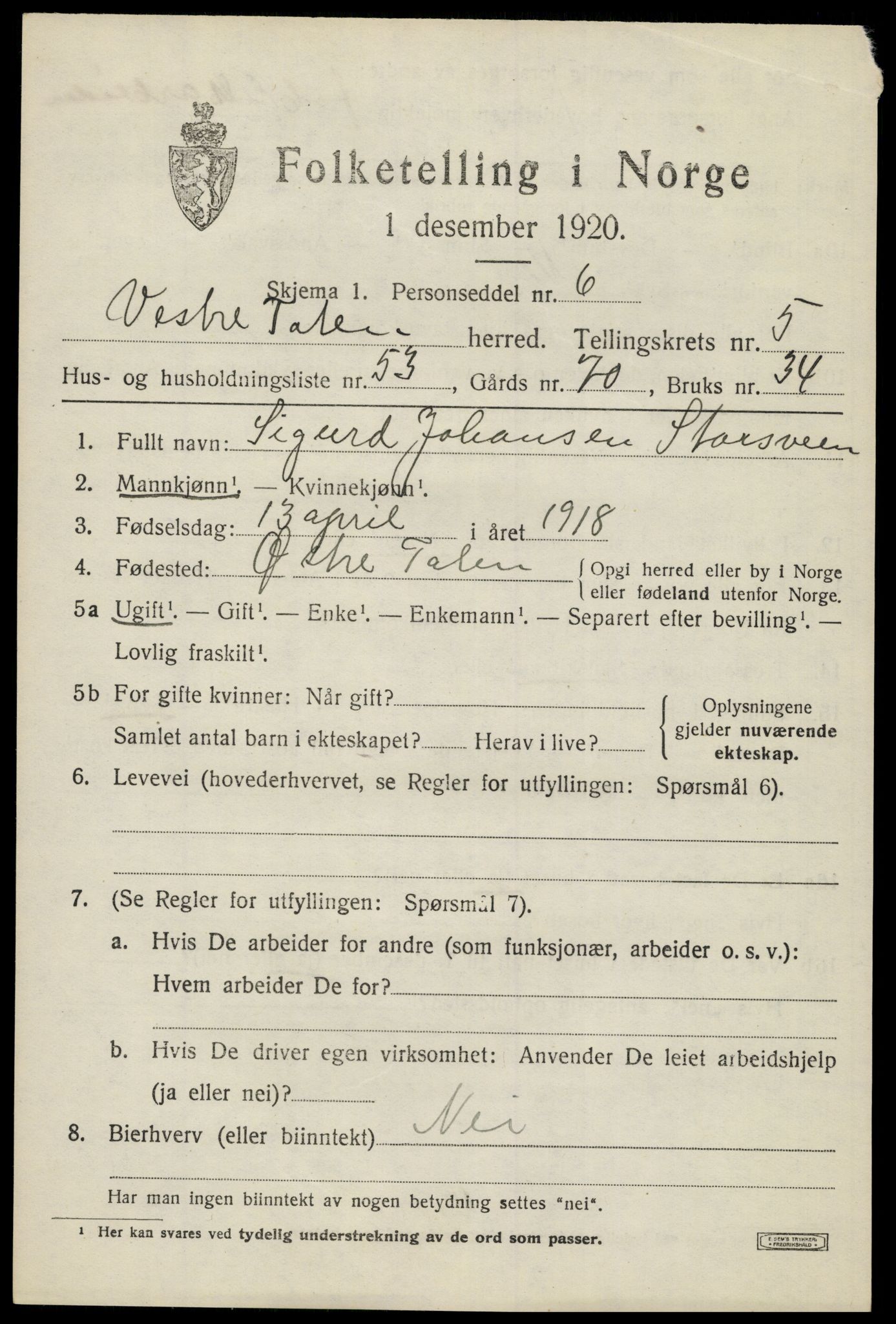 SAH, Folketelling 1920 for 0529 Vestre Toten herred, 1920, s. 7936
