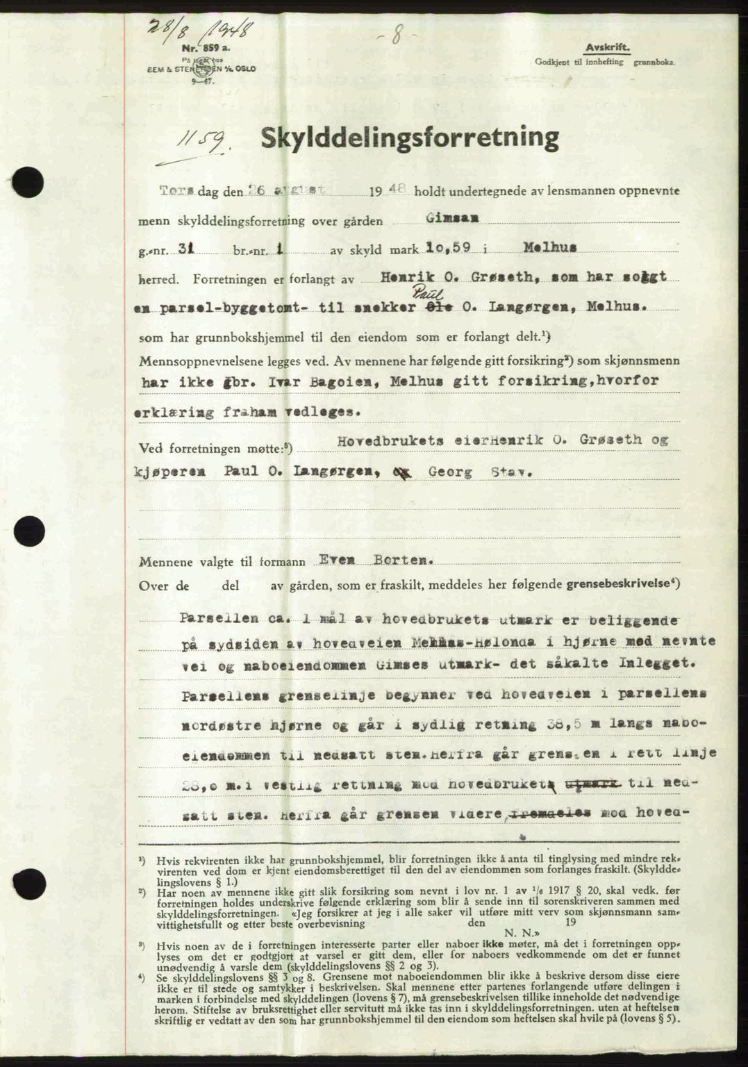 Gauldal sorenskriveri, SAT/A-0014/1/2/2C: Pantebok nr. A6, 1948-1948, Dagboknr: 1159/1948