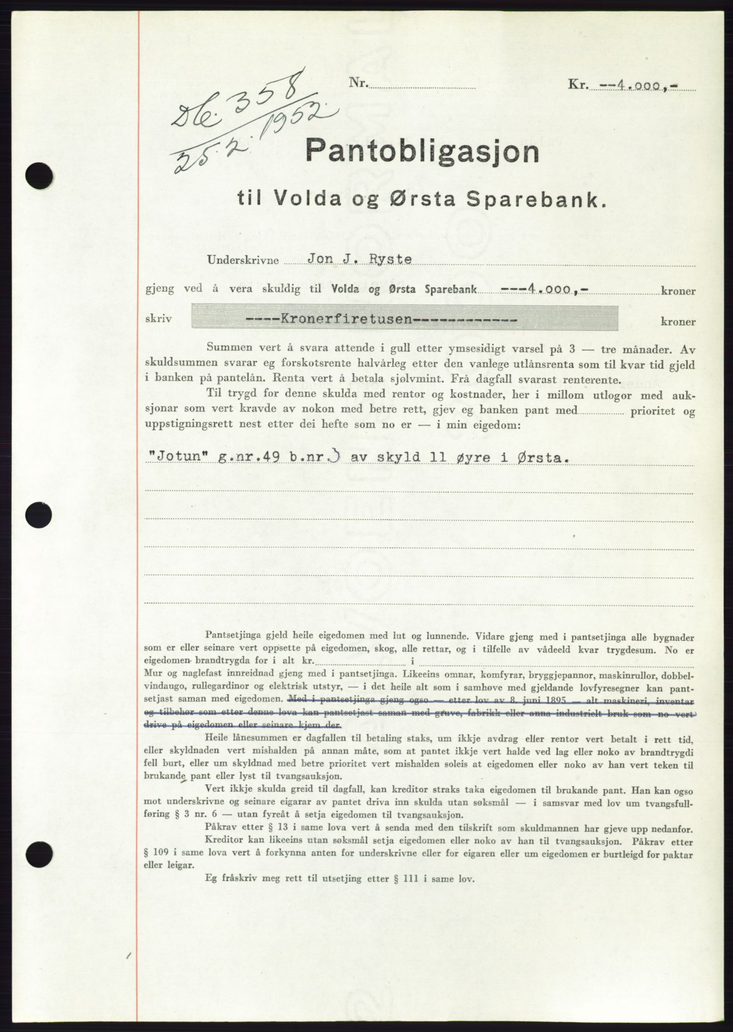 Søre Sunnmøre sorenskriveri, AV/SAT-A-4122/1/2/2C/L0121: Pantebok nr. 9B, 1951-1952, Dagboknr: 358/1952