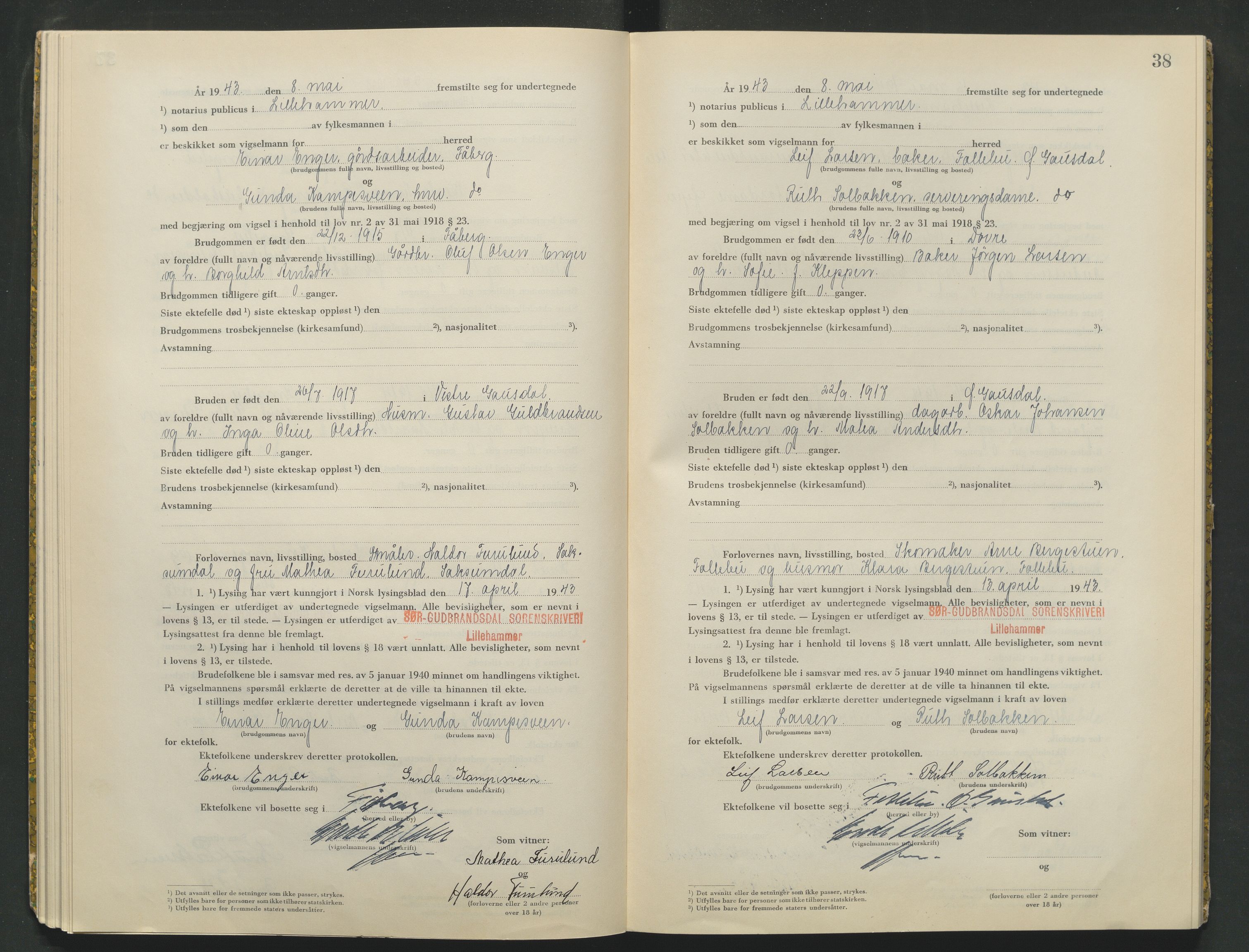 Sør-Gudbrandsdal tingrett, AV/SAH-TING-004/L/Lc/L0003: Vigselsprotokoll, 1943, s. 38