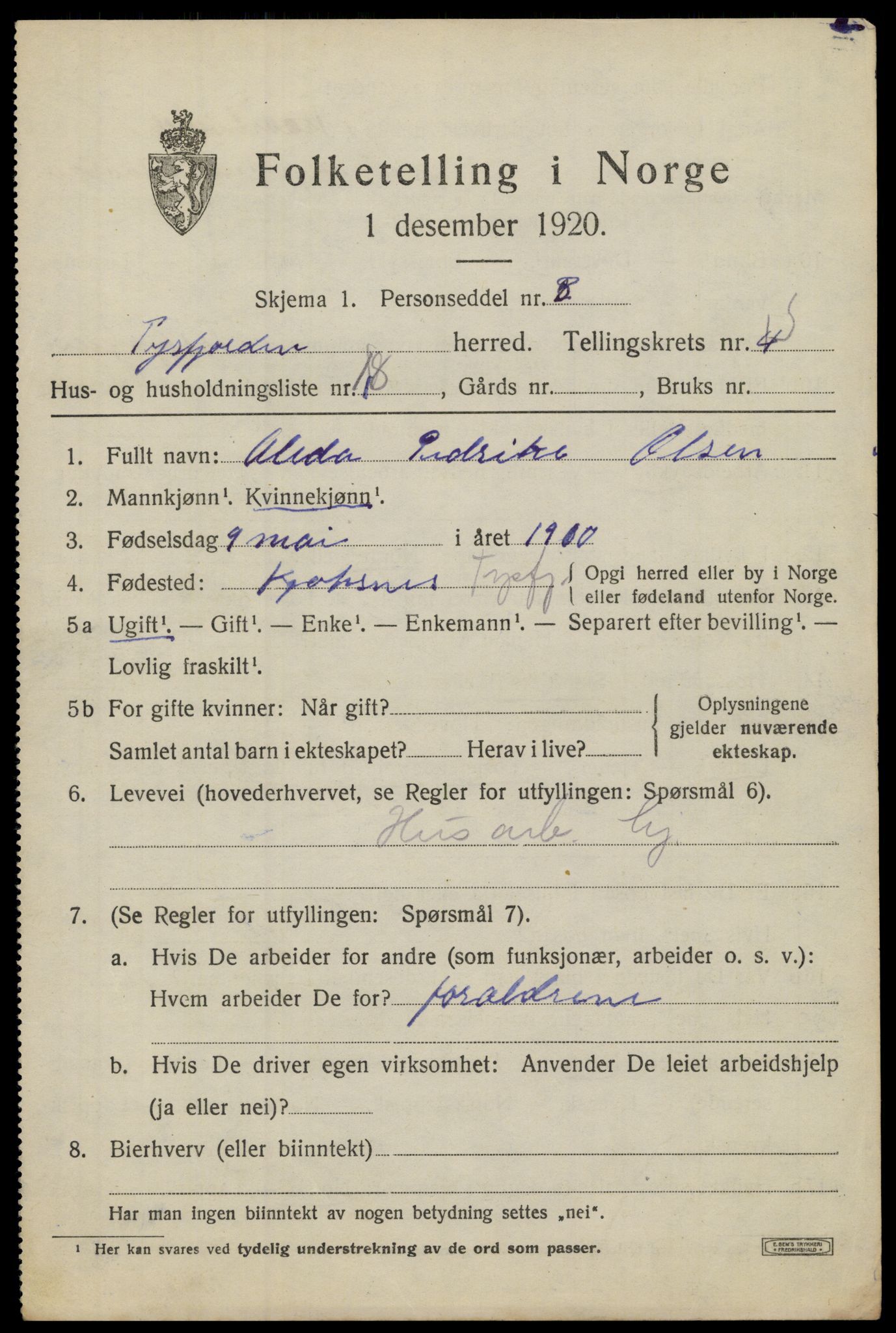 SAT, Folketelling 1920 for 1850 Tysfjord herred, 1920, s. 2515