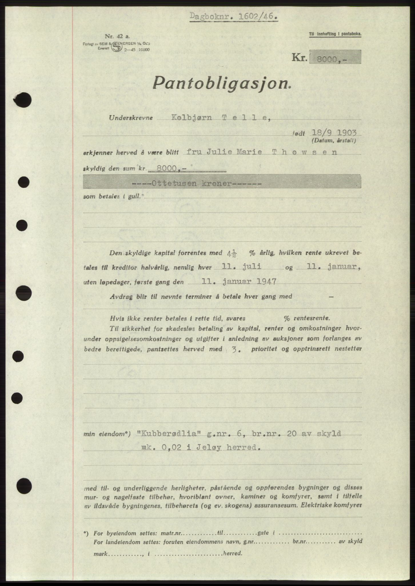 Moss sorenskriveri, SAO/A-10168: Pantebok nr. B15, 1946-1946, Dagboknr: 1602/1946