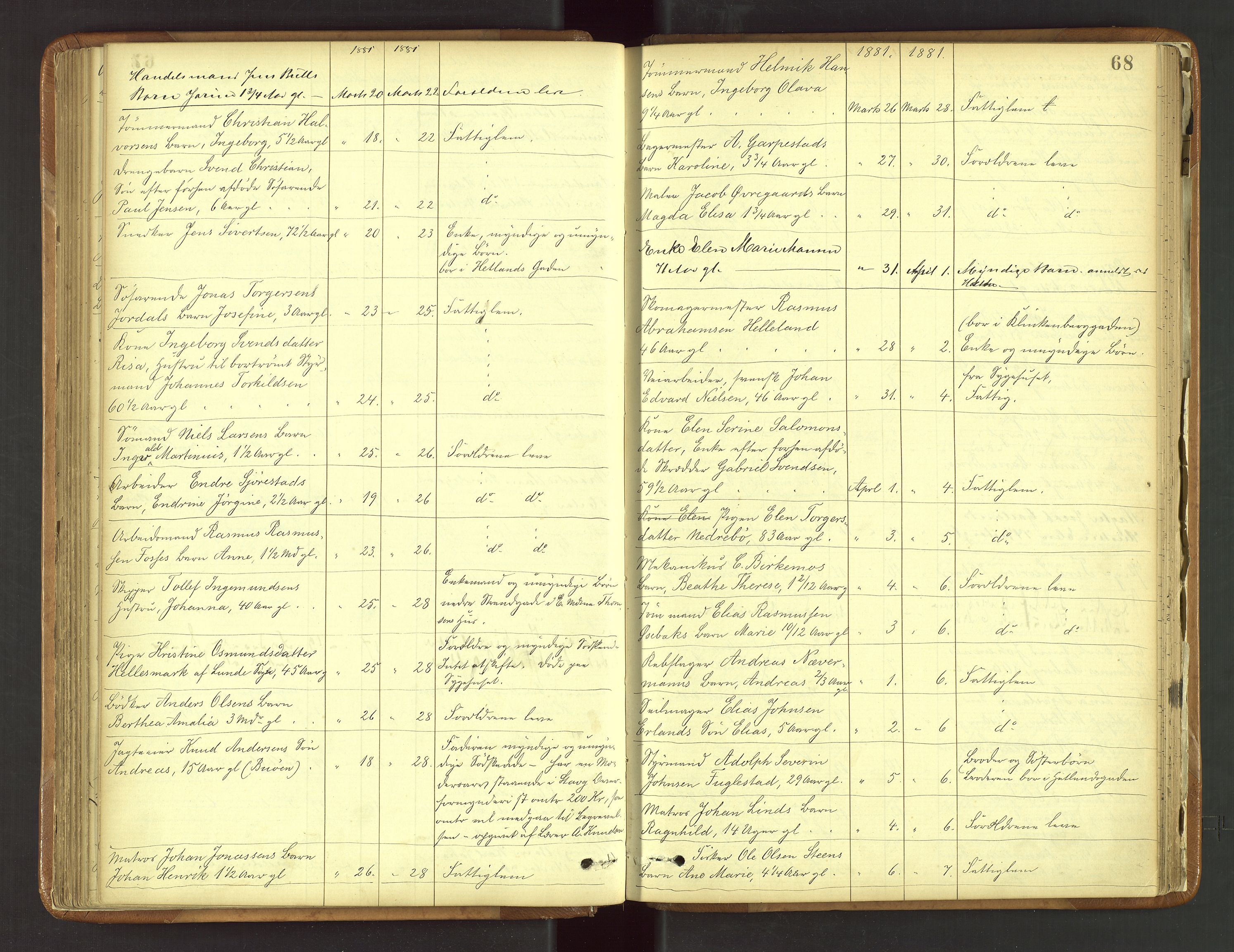 Stavanger byfogd, SAST/A-101408/001/5/52/52B/L0003: Liste over anmeldte dødsfall, 1877-1885, s. 68