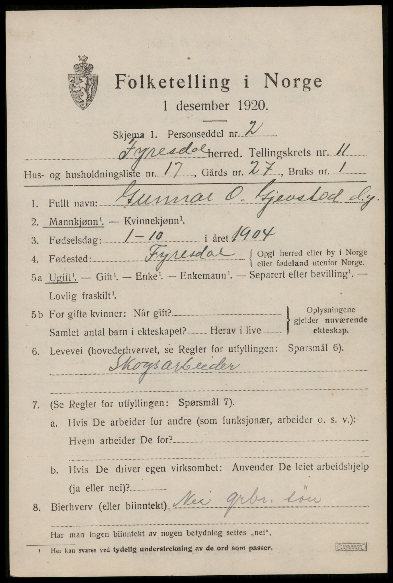 SAKO, Folketelling 1920 for 0831 Fyresdal herred, 1920, s. 4155