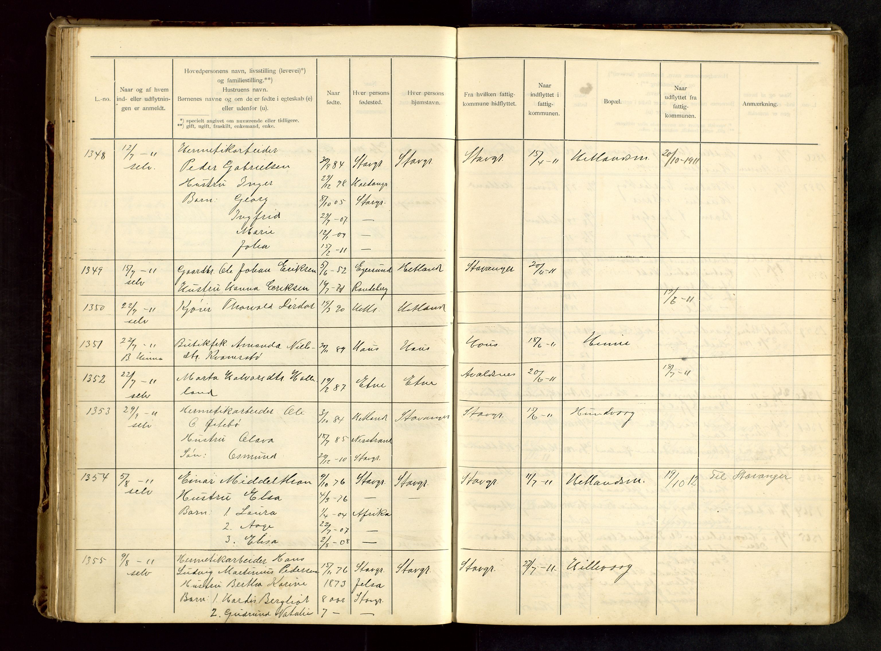 Hetland lensmannskontor, AV/SAST-A-100101/Gwa/L0001: Flytteprotokoll (er delt i to: 1a og 1b), 1901-1918, s. 113