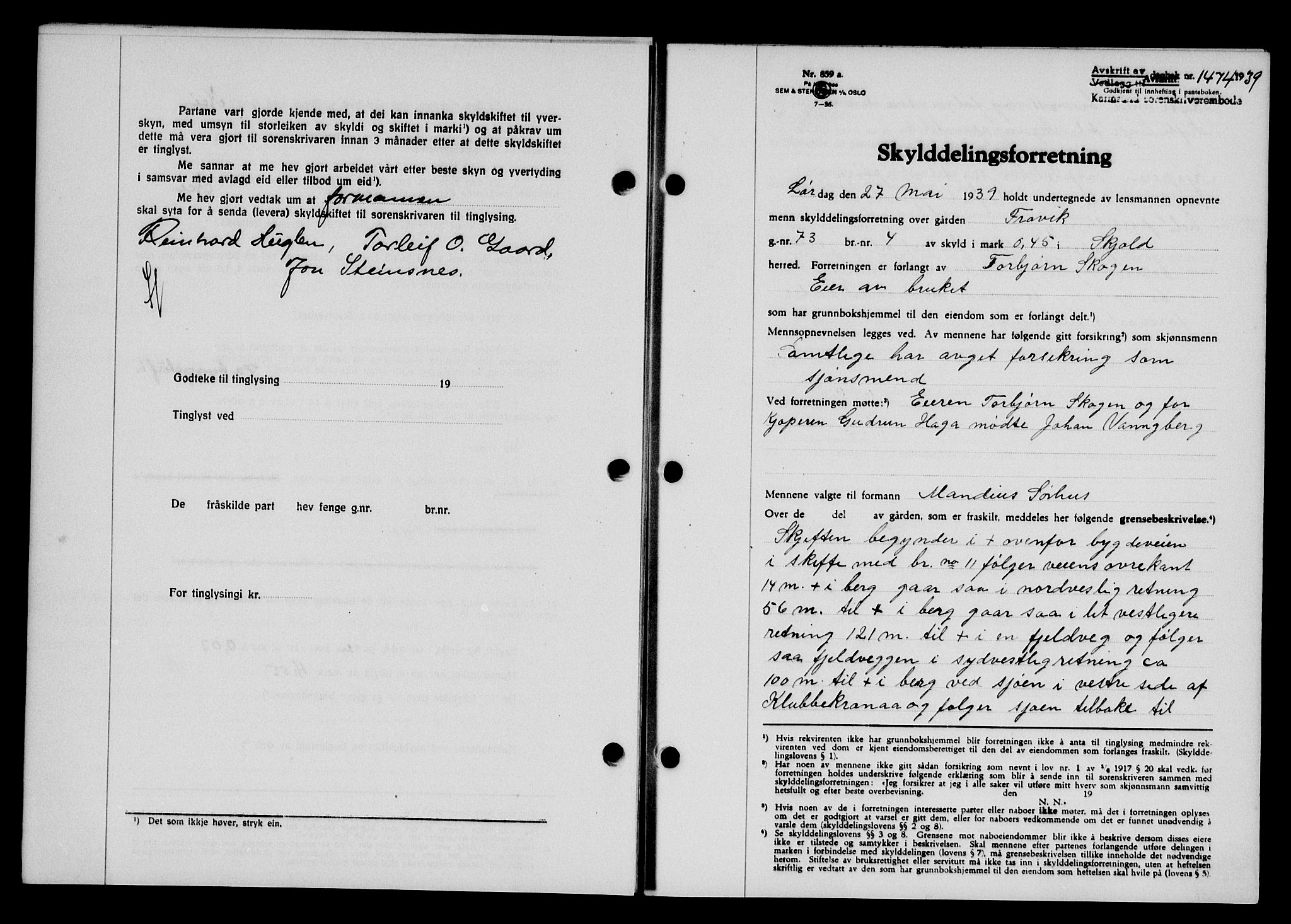 Karmsund sorenskriveri, SAST/A-100311/01/II/IIB/L0071: Pantebok nr. 52A, 1939-1939, Dagboknr: 1474/1939