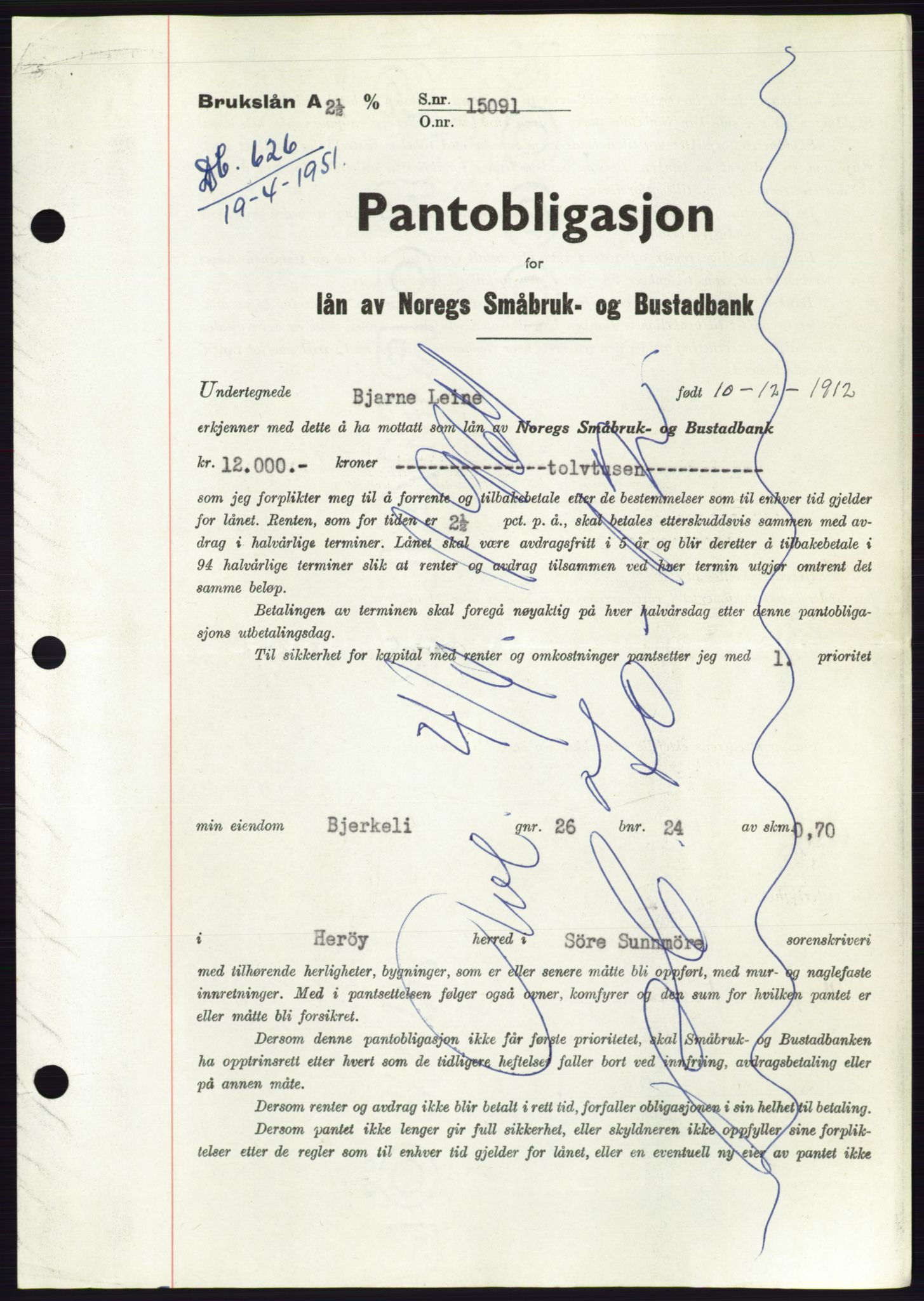 Søre Sunnmøre sorenskriveri, AV/SAT-A-4122/1/2/2C/L0119: Pantebok nr. 7B, 1950-1951, Dagboknr: 626/1951