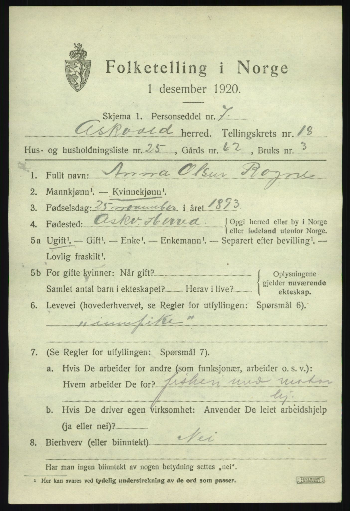 SAB, Folketelling 1920 for 1428 Askvoll herred, 1920, s. 6984