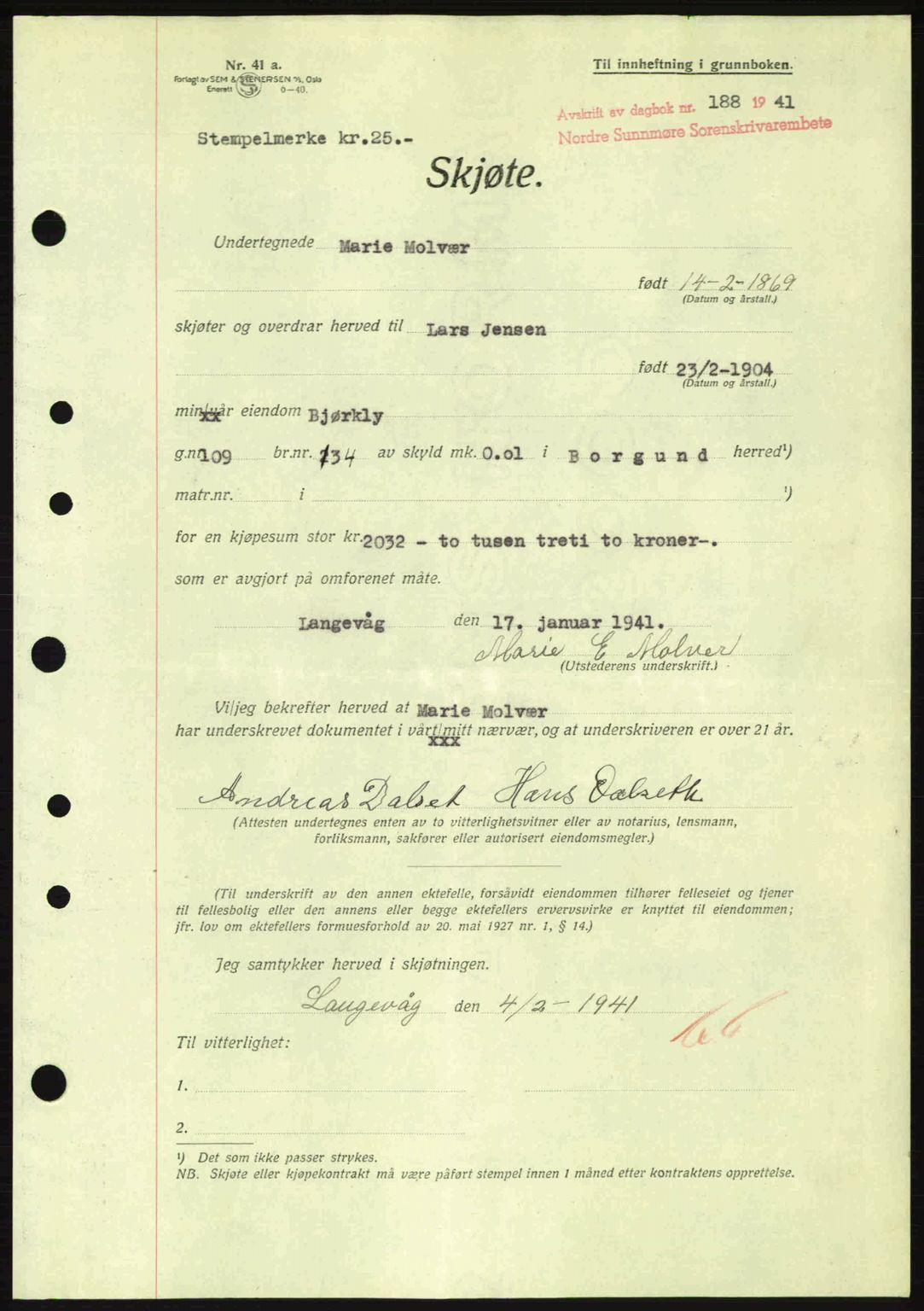 Nordre Sunnmøre sorenskriveri, AV/SAT-A-0006/1/2/2C/2Ca: Pantebok nr. A10, 1940-1941, Dagboknr: 188/1941