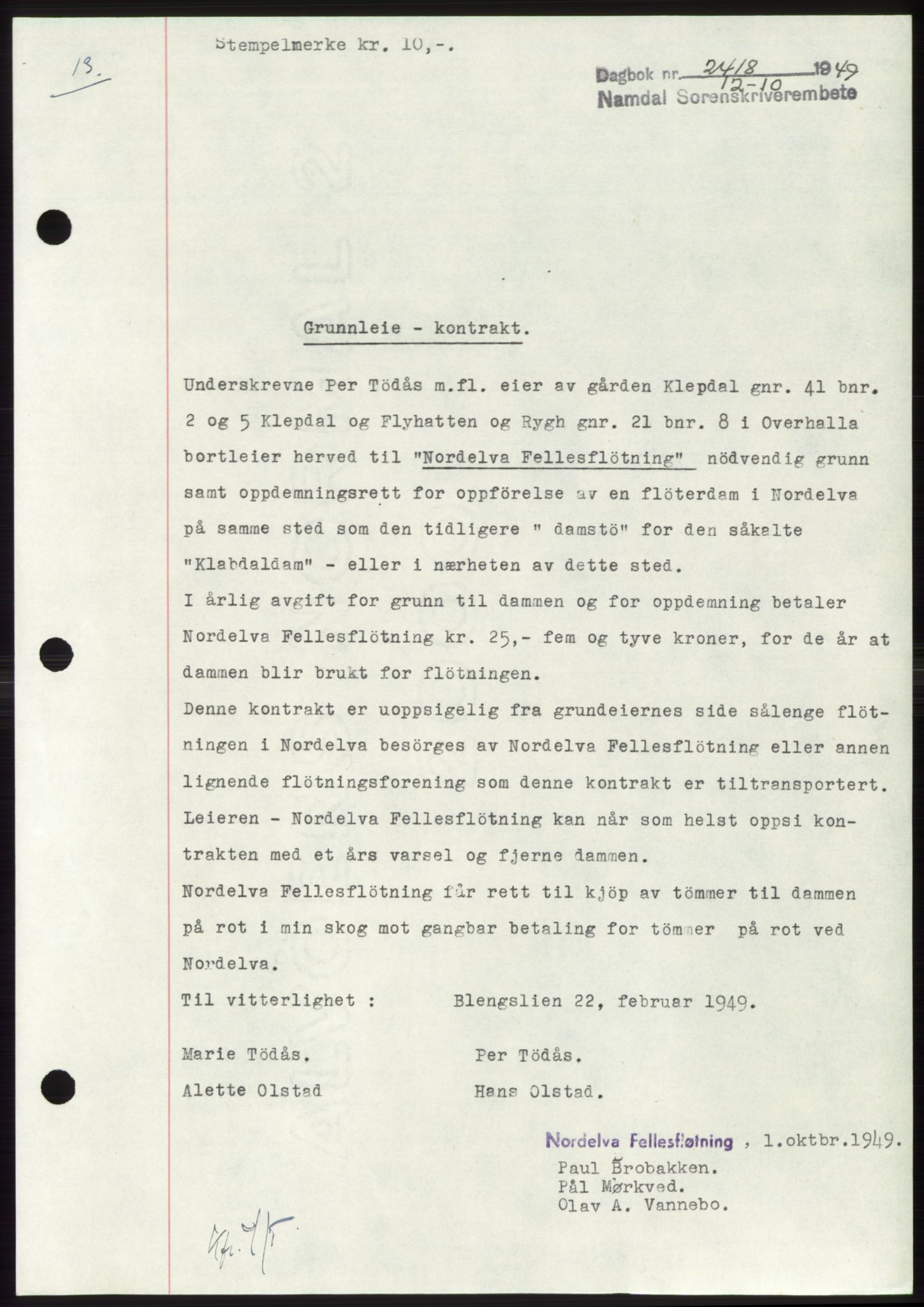 Namdal sorenskriveri, SAT/A-4133/1/2/2C: Pantebok nr. -, 1949-1949, Dagboknr: 2418/1949