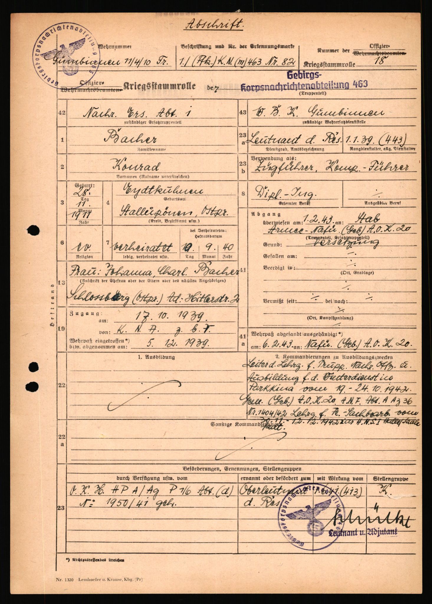 Forsvarets Overkommando. 2 kontor. Arkiv 11.4. Spredte tyske arkivsaker, AV/RA-RAFA-7031/D/Dar/Dara/L0018: Personalbøker, 1940-1945, s. 86