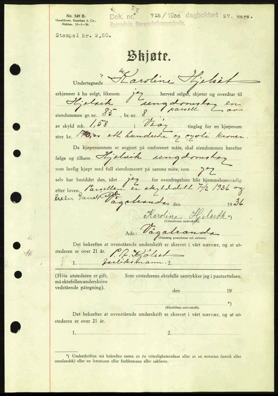 Romsdal sorenskriveri, SAT/A-4149/1/2/2C: Pantebok nr. A1, 1936-1936, Dagboknr: 715/1936