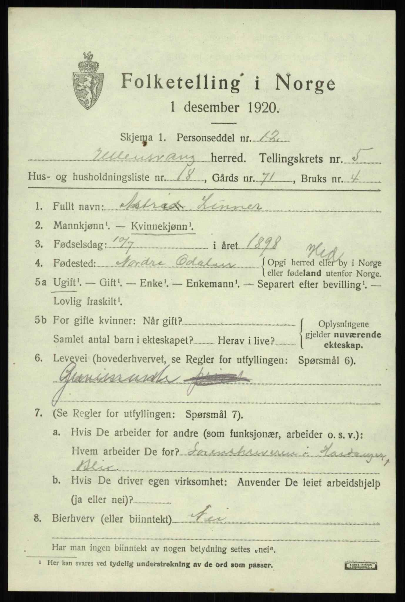 SAB, Folketelling 1920 for 1230 Ullensvang herred, 1920, s. 2574
