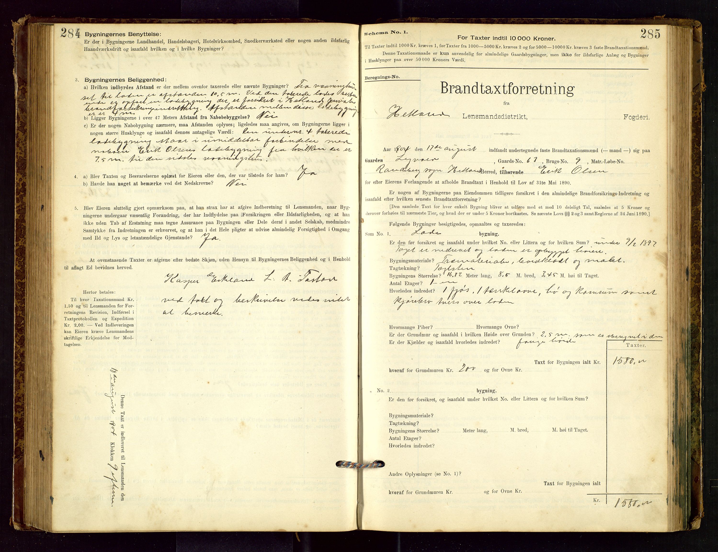 Hetland lensmannskontor, AV/SAST-A-100101/Gob/L0001: "Brandtaxationsprotokol", 1895-1918, s. 284-285