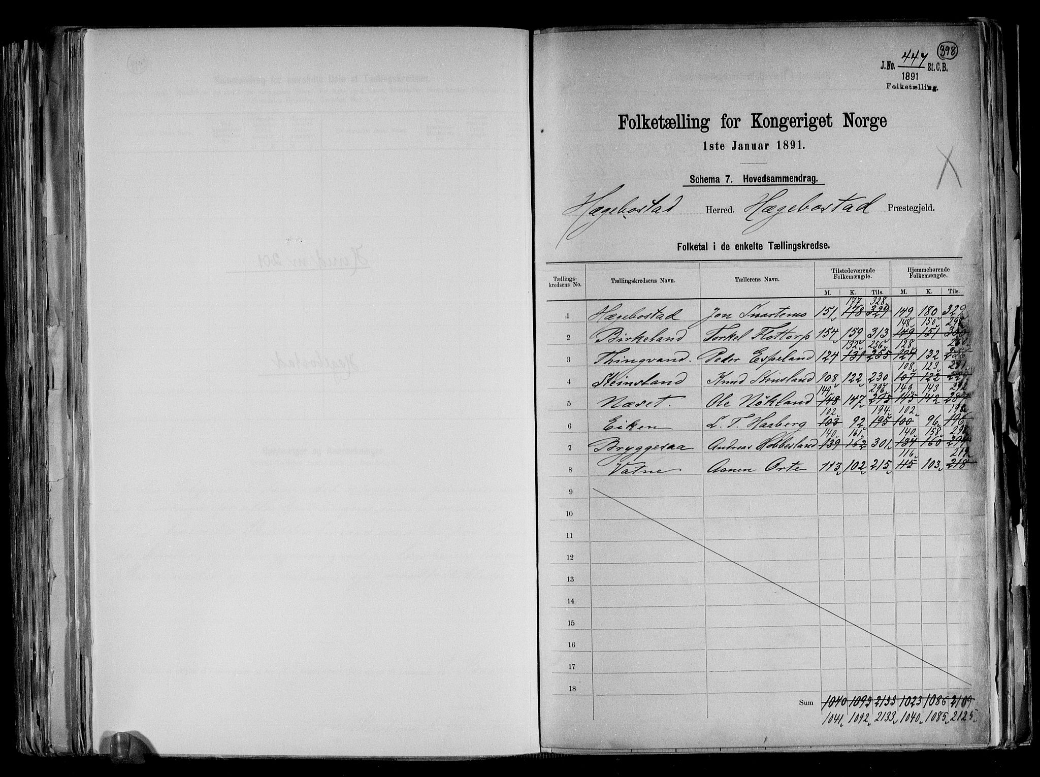 RA, Folketelling 1891 for 1034 Hægebostad herred, 1891, s. 2