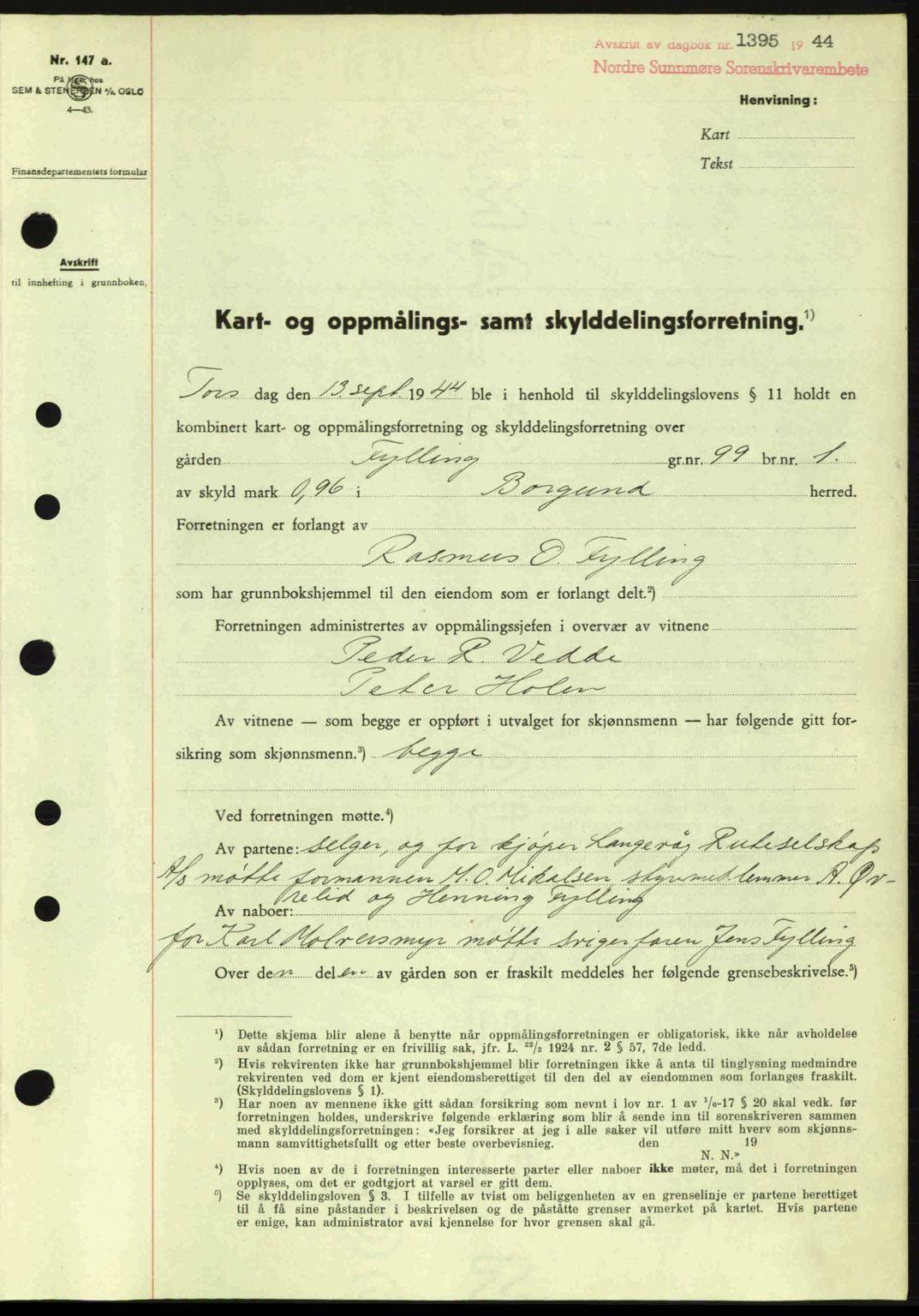 Nordre Sunnmøre sorenskriveri, SAT/A-0006/1/2/2C/2Ca: Pantebok nr. A18, 1944-1944, Dagboknr: 1395/1944