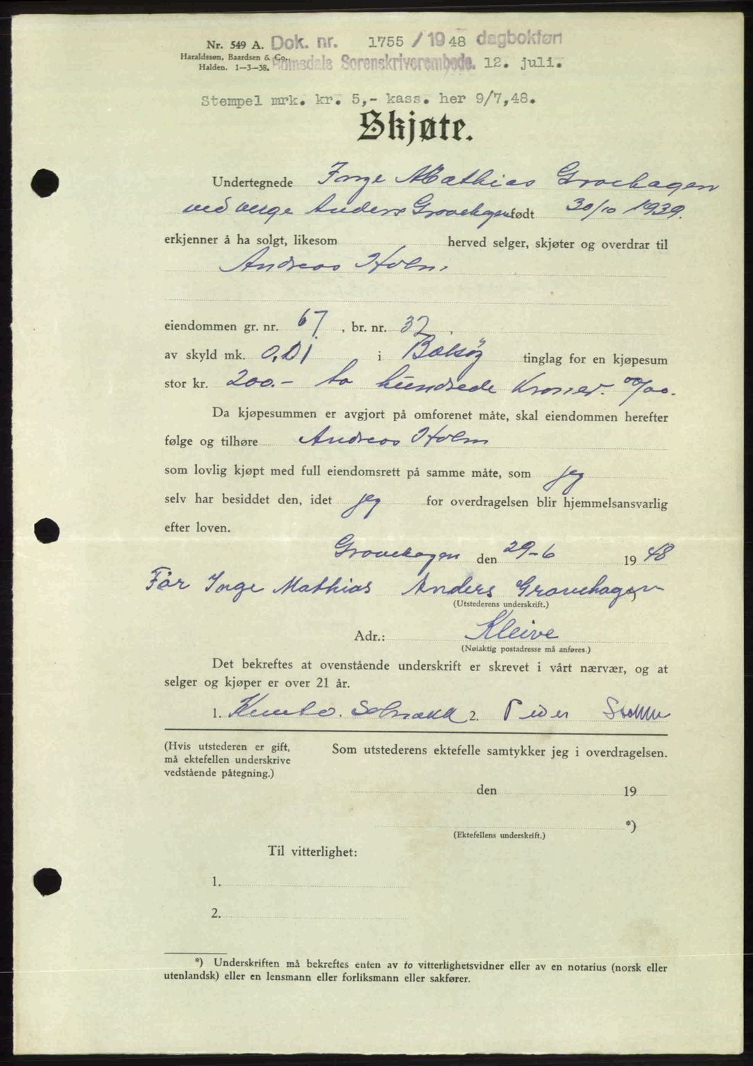 Romsdal sorenskriveri, SAT/A-4149/1/2/2C: Pantebok nr. A26, 1948-1948, Dagboknr: 1755/1948