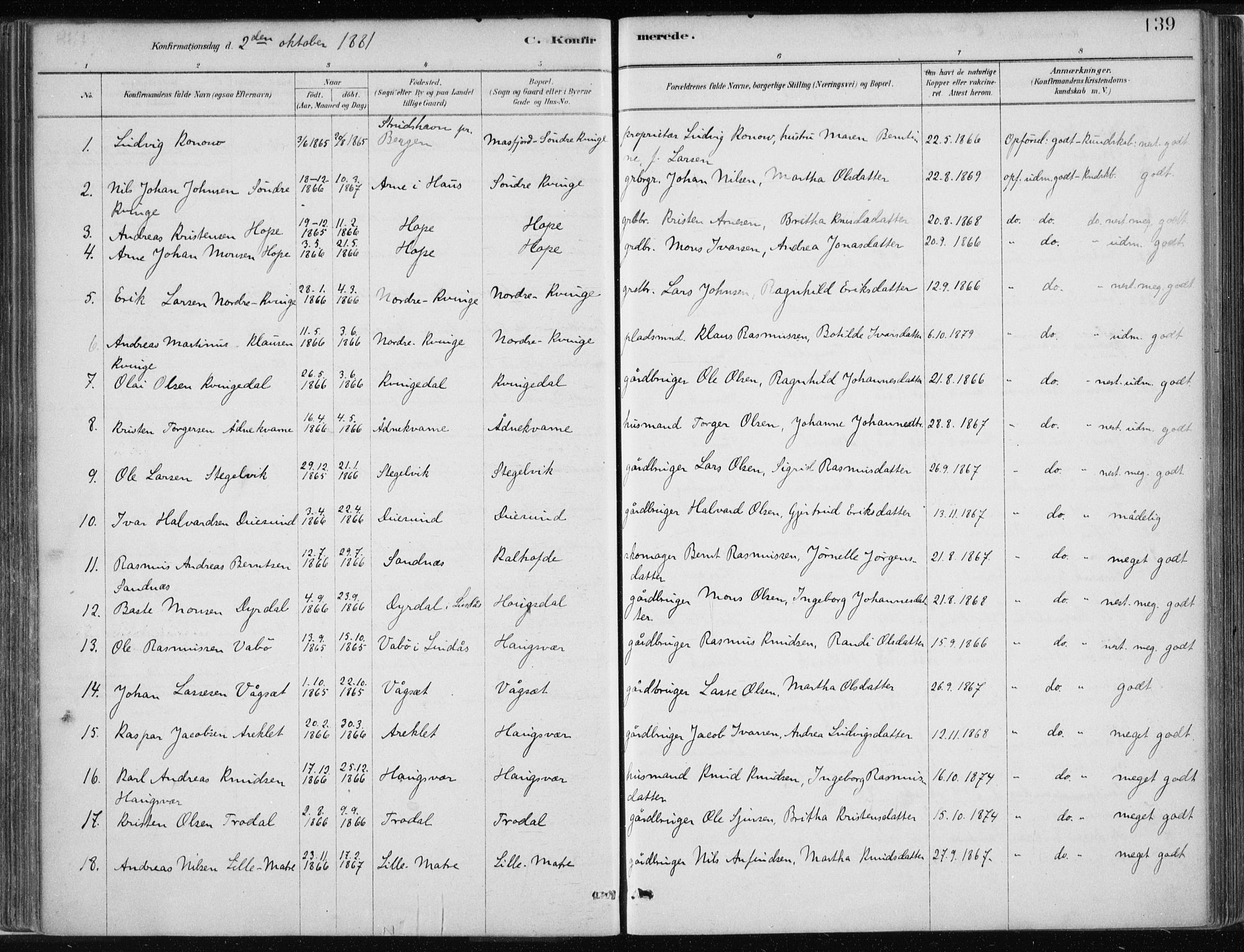 Masfjorden Sokneprestembete, SAB/A-77001: Ministerialbok nr. B  1, 1876-1899, s. 139