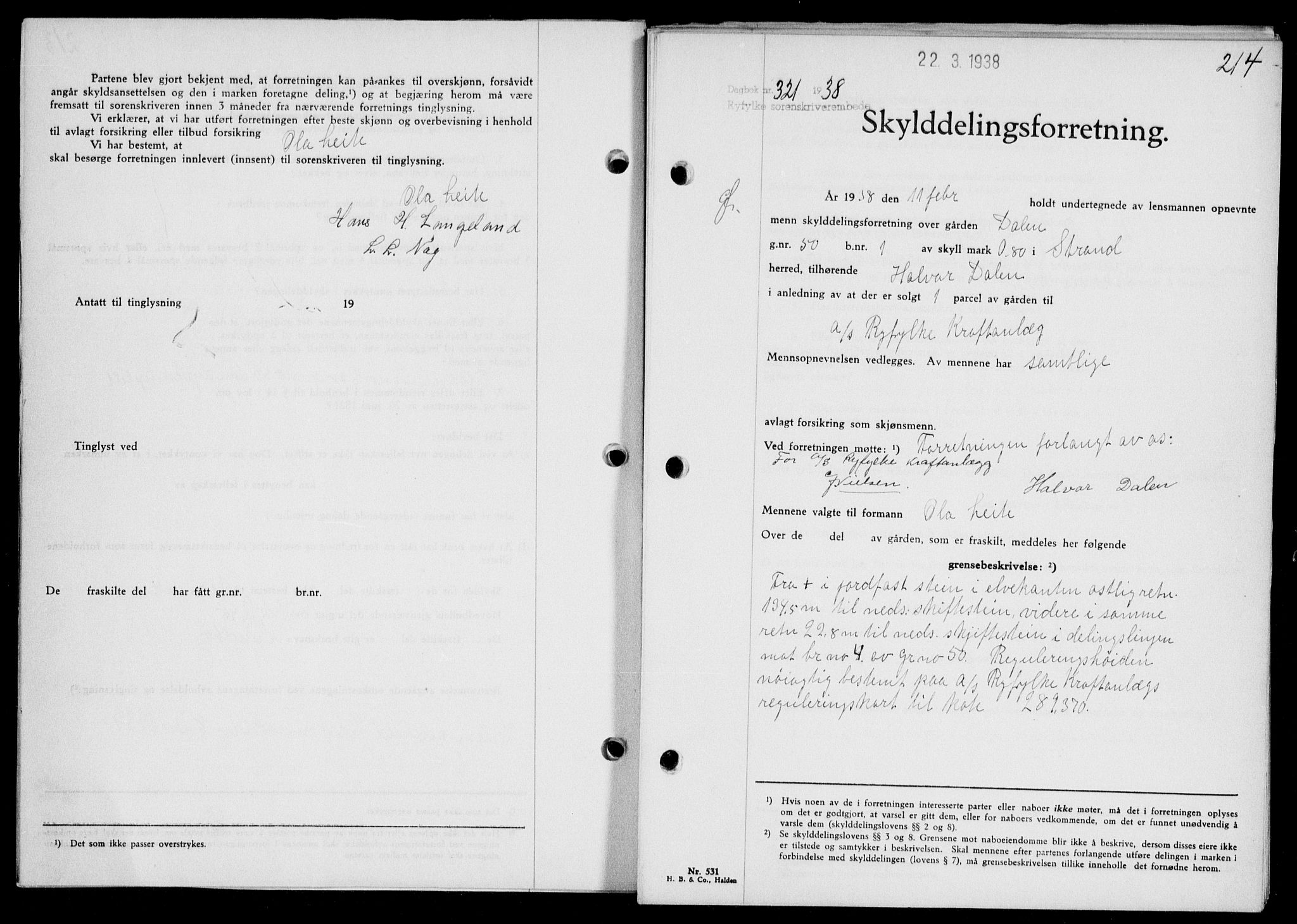 Ryfylke tingrett, SAST/A-100055/001/II/IIB/L0077: Pantebok nr. 56, 1938-1938, Dagboknr: 321/1938