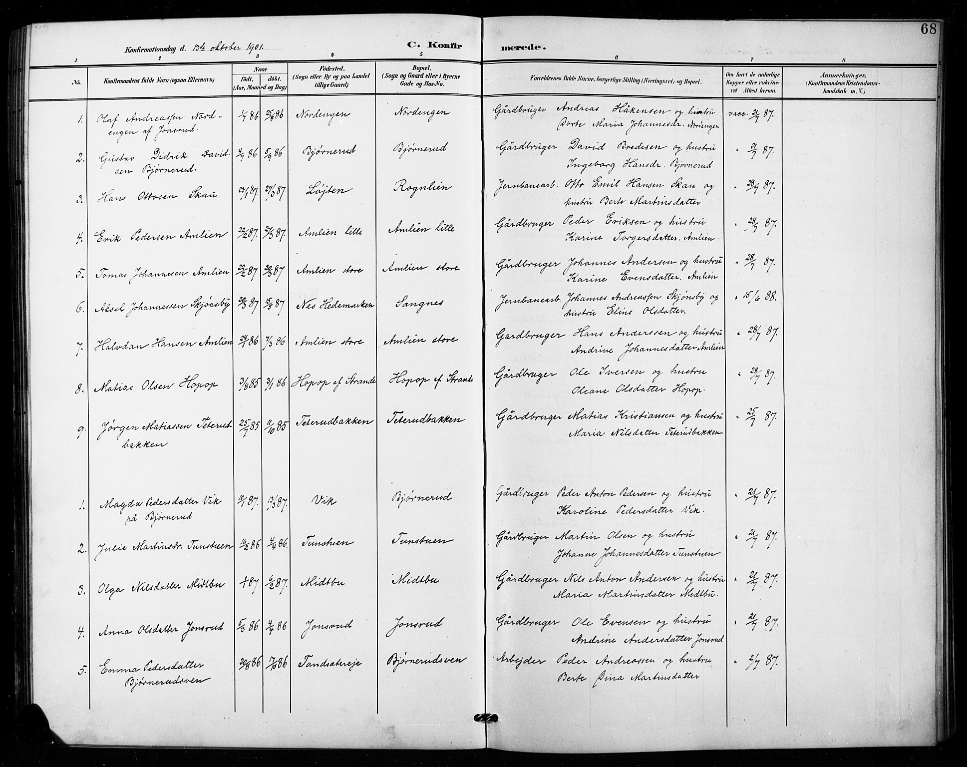 Vestre Toten prestekontor, AV/SAH-PREST-108/H/Ha/Hab/L0016: Klokkerbok nr. 16, 1901-1915, s. 68