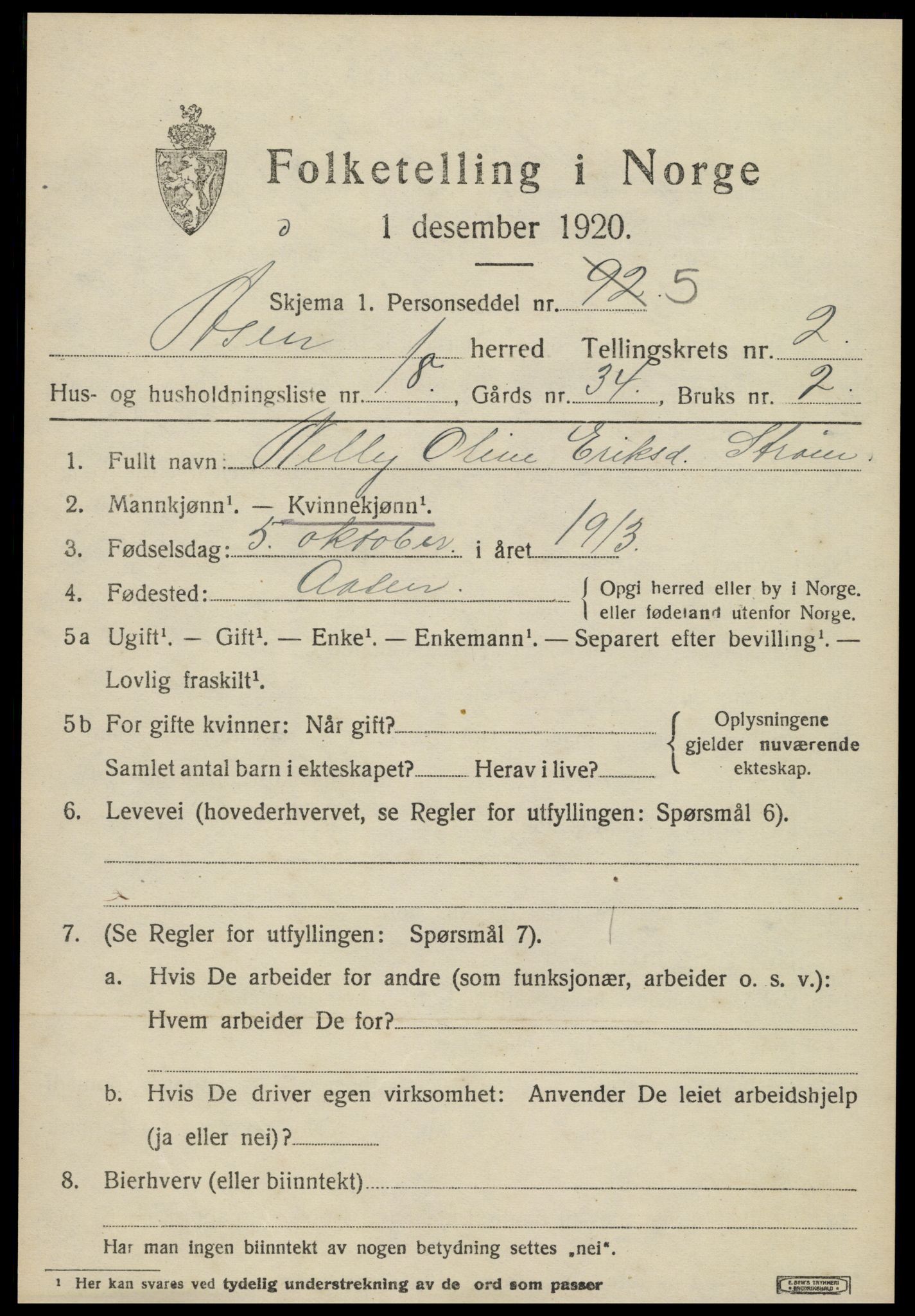 SAT, Folketelling 1920 for 1716 Åsen herred, 1920, s. 1890