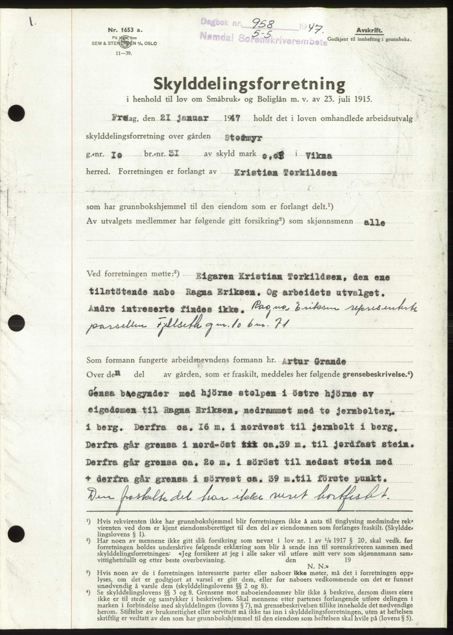 Namdal sorenskriveri, SAT/A-4133/1/2/2C: Pantebok nr. -, 1947-1947, Dagboknr: 958/1947