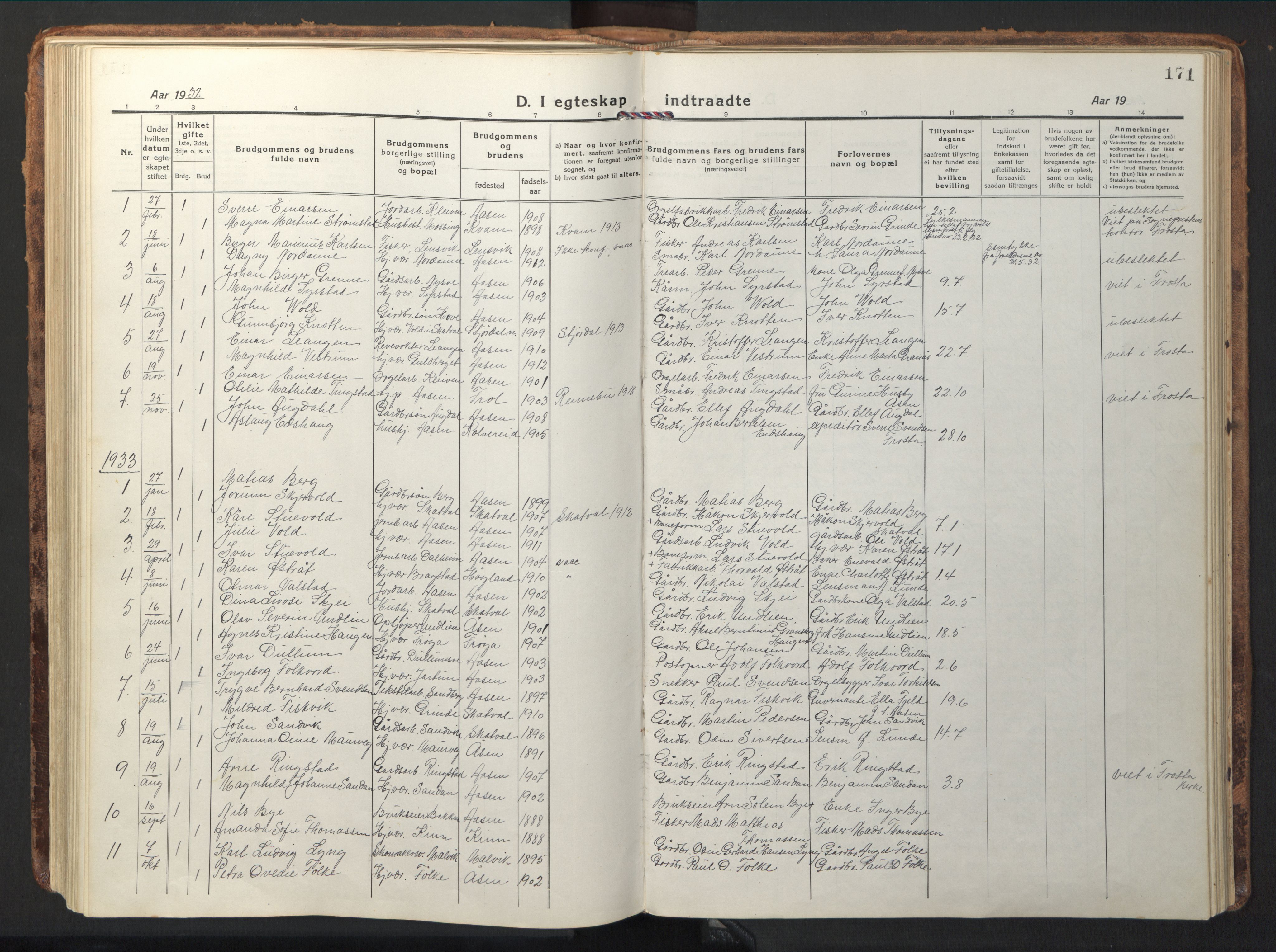 Ministerialprotokoller, klokkerbøker og fødselsregistre - Nord-Trøndelag, AV/SAT-A-1458/714/L0136: Klokkerbok nr. 714C05, 1918-1957, s. 171
