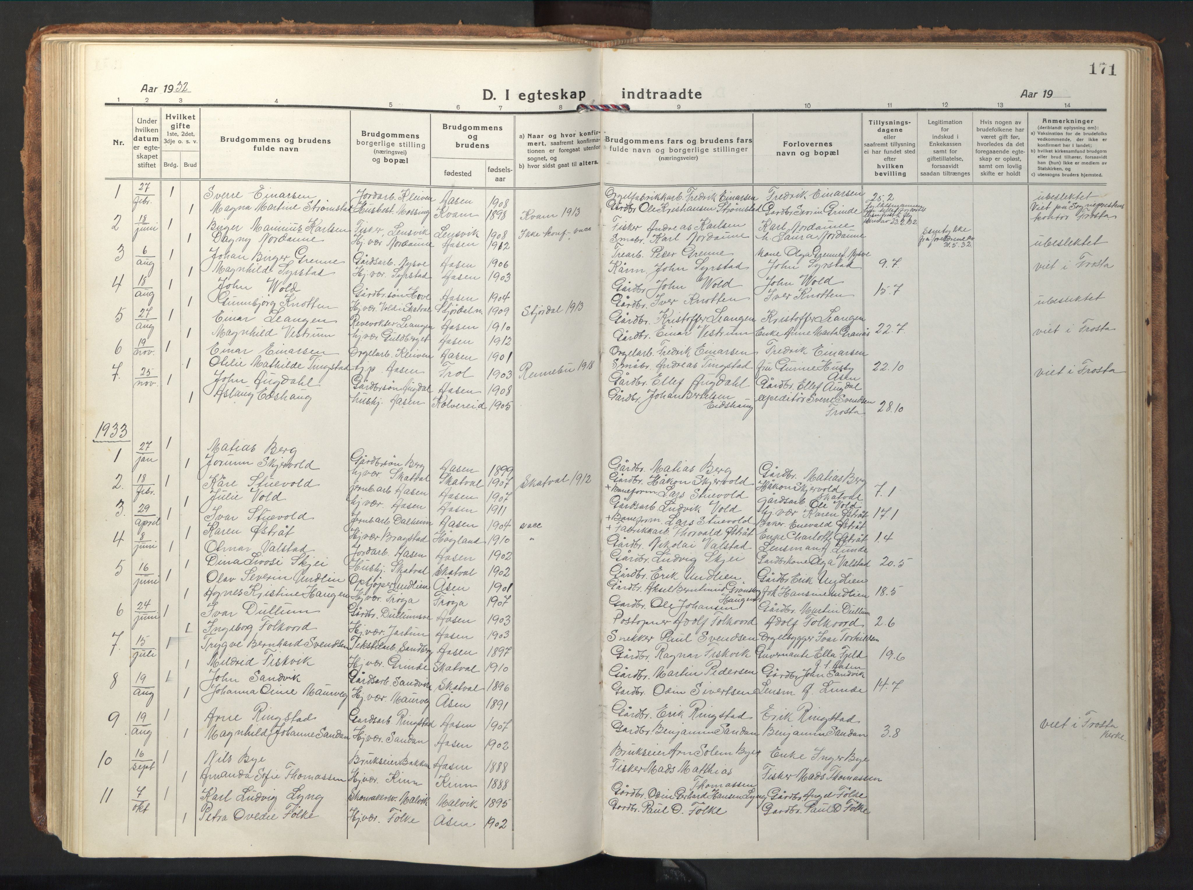 Ministerialprotokoller, klokkerbøker og fødselsregistre - Nord-Trøndelag, SAT/A-1458/714/L0136: Klokkerbok nr. 714C05, 1918-1957, s. 171