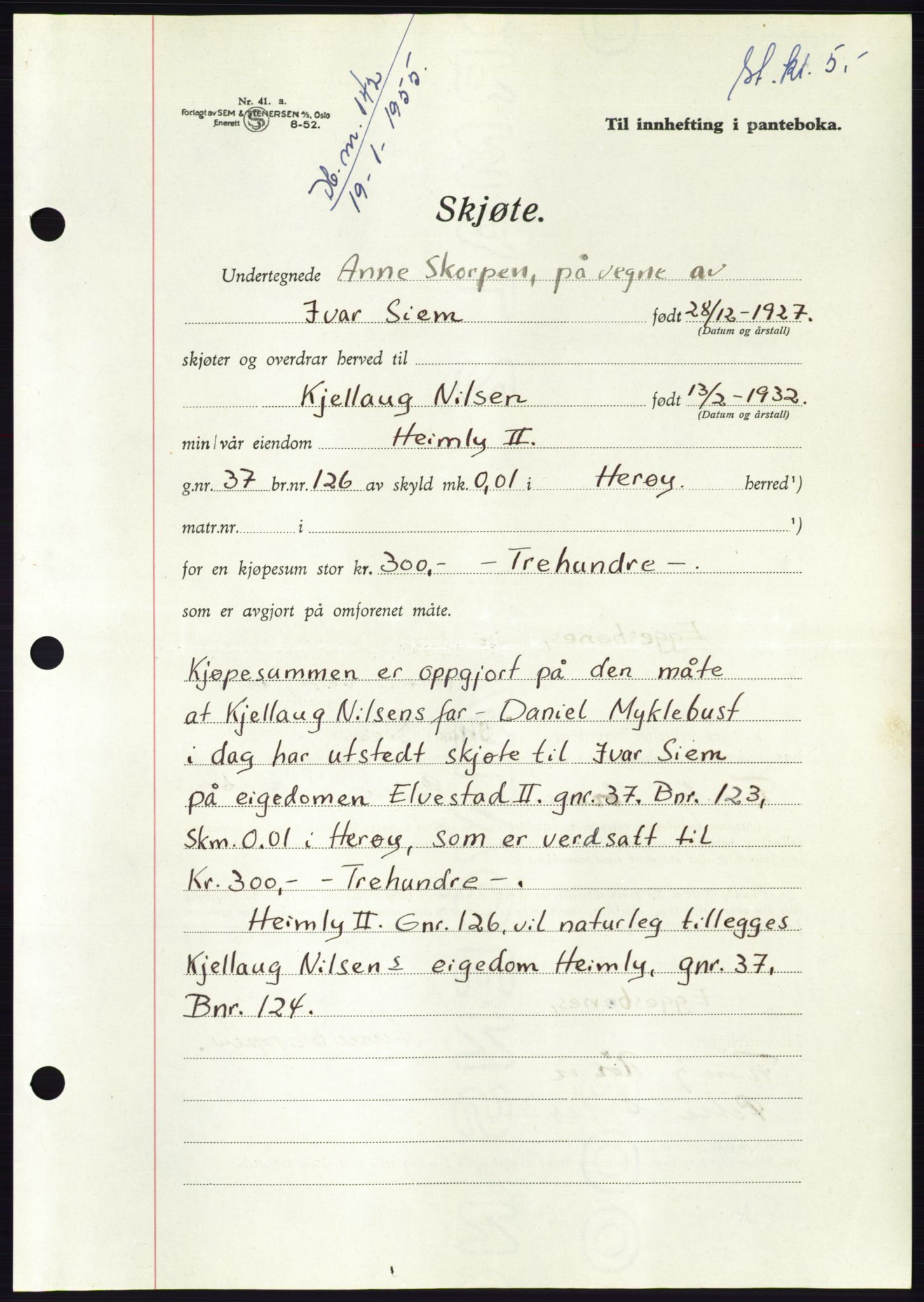 Søre Sunnmøre sorenskriveri, SAT/A-4122/1/2/2C/L0100: Pantebok nr. 26A, 1954-1955, Dagboknr: 142/1955